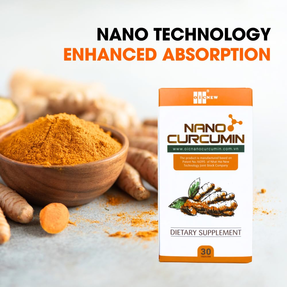 Close-up of OIC NEW Nano Curcumin Capsules showing size and colour