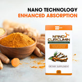 Close-up of OIC NEW Nano Curcumin Capsules showing size and colour