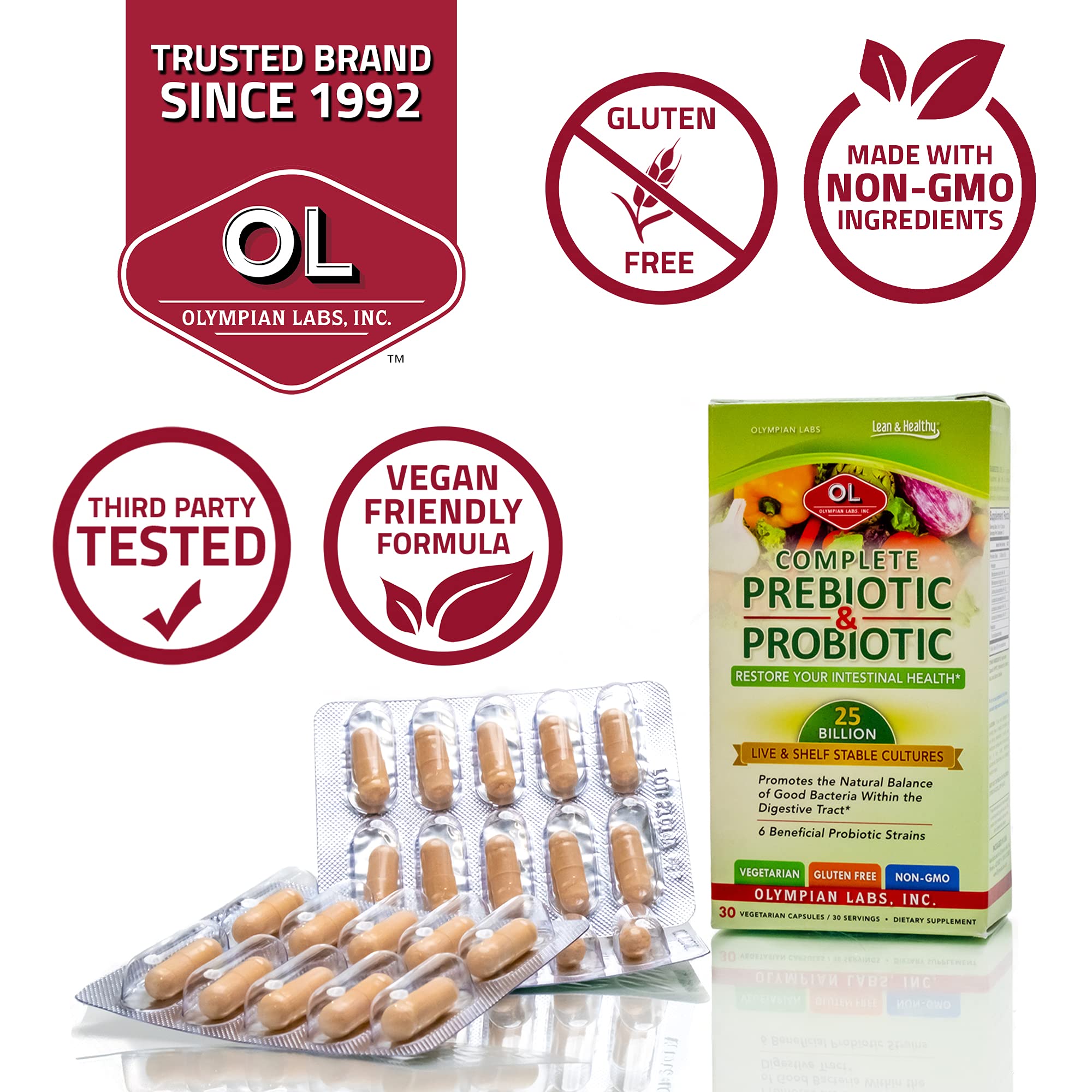 Close-up of Olympian Labs Complete Prebiotic and Probiotic capsules