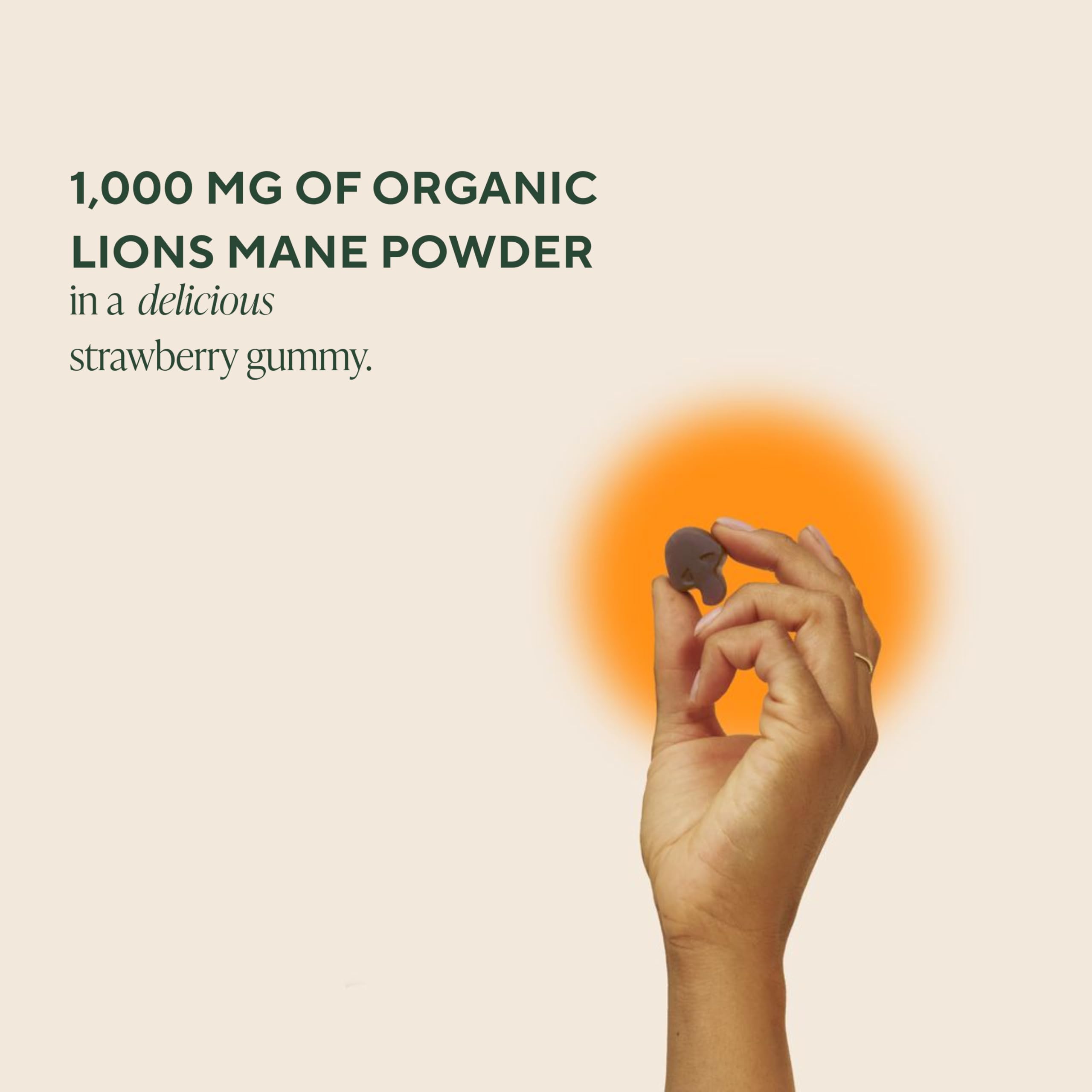 Close-up of OM MUSHROOM SUPERFOOD Lion's Mane Gummies strawberry flavour