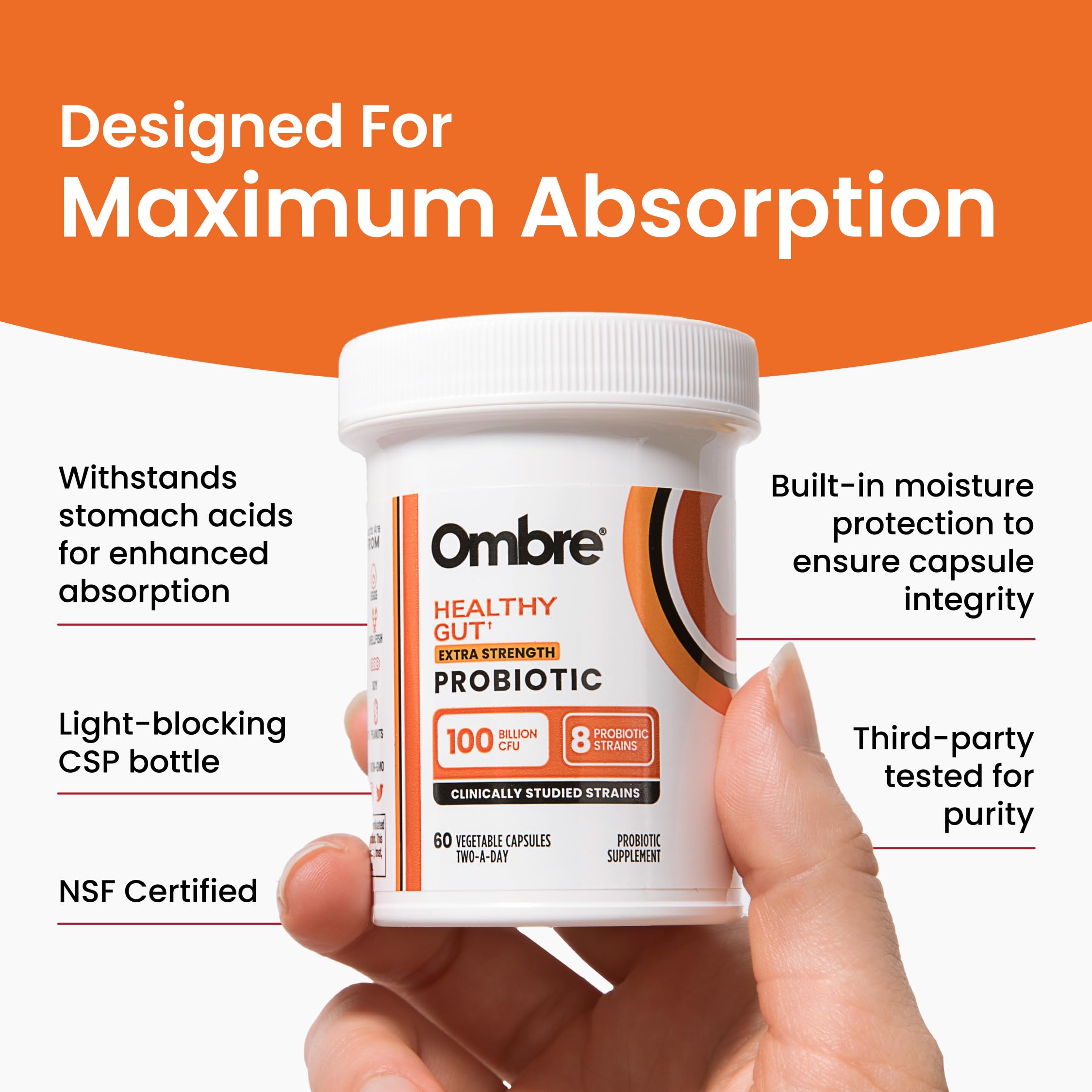 Close-up of Ombre Healthy Gut Probiotic capsules