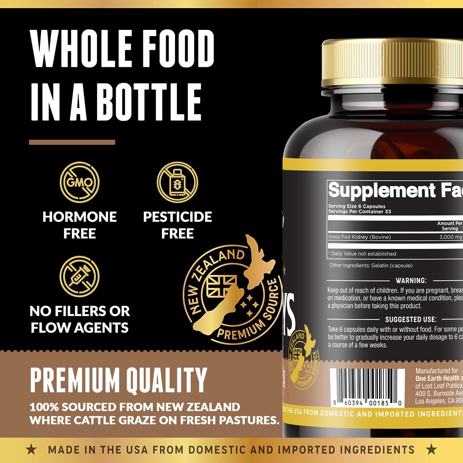 Close-up of One Earth Health Beef Kidney Supplement capsules