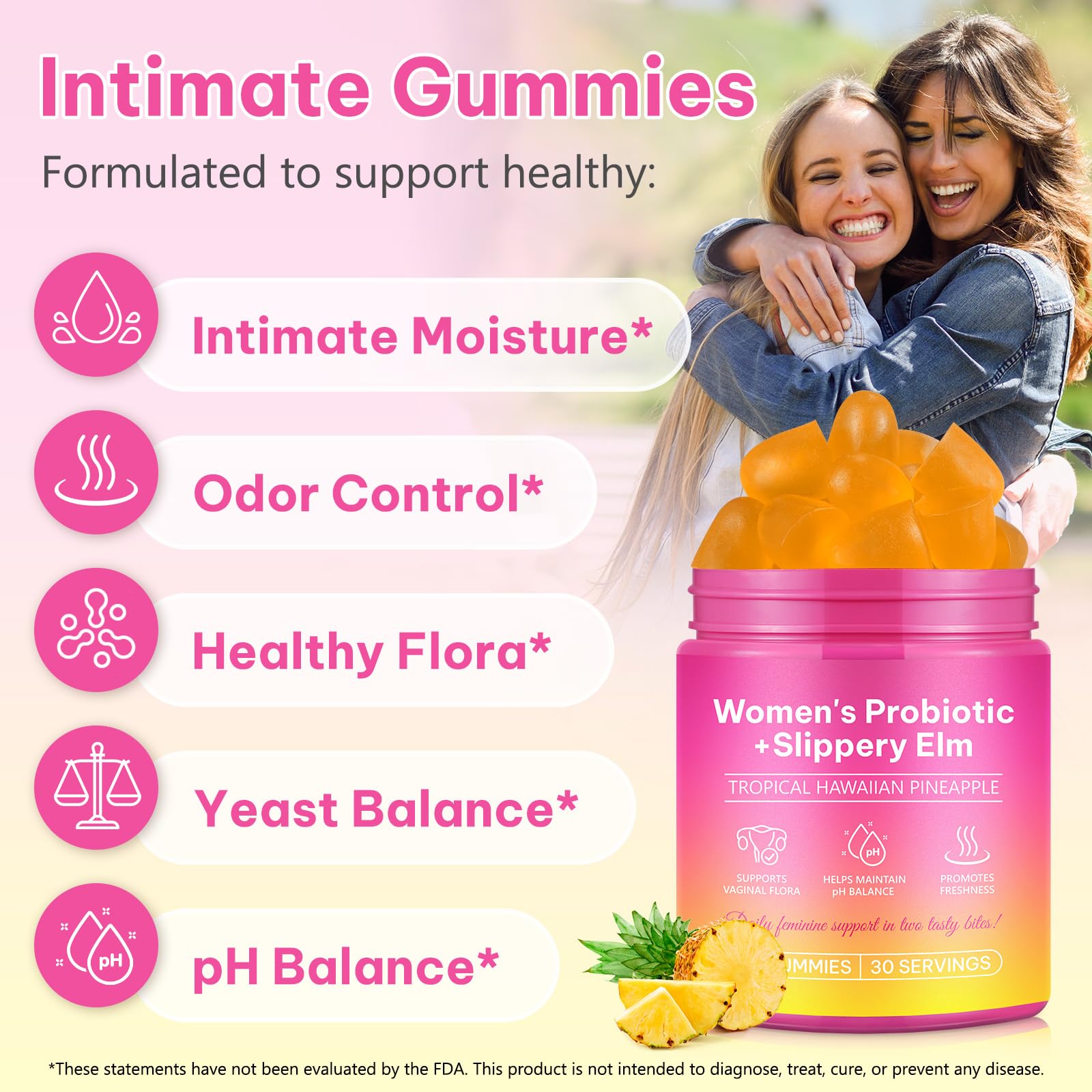 Close-up of Onznoz Feminine Balance Gummies showing tropical flavour