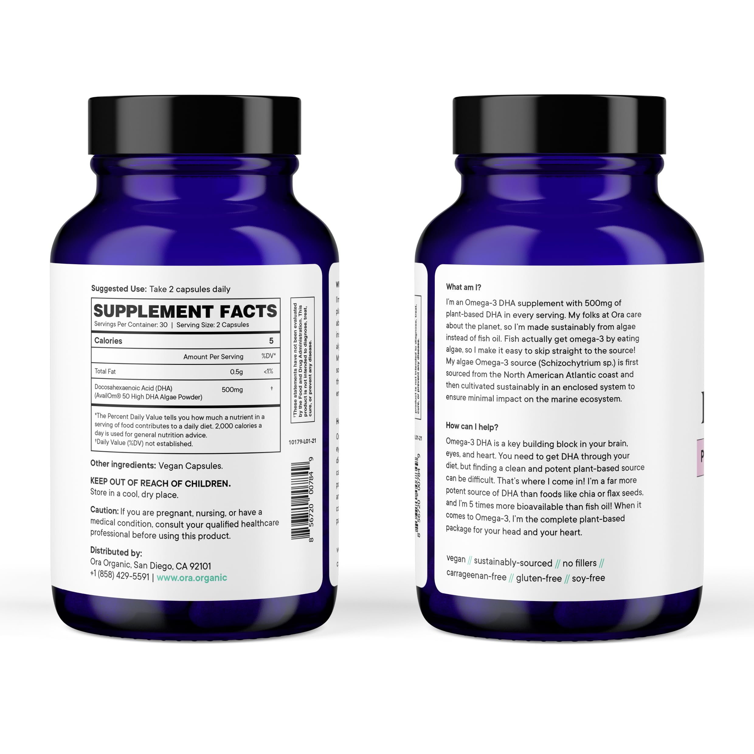 Close-up of Ora Organic DHA Omega-3 Algae Capsules