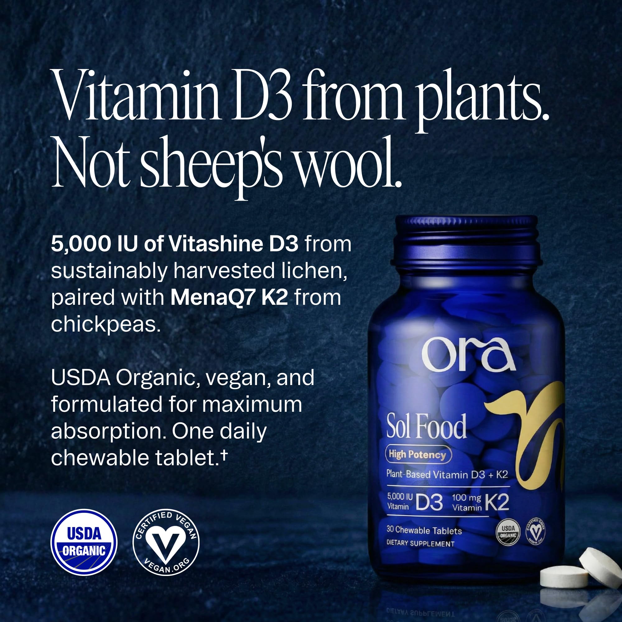 Close-up of Ora Organic Vitamin D3 & K2 chewable tablet