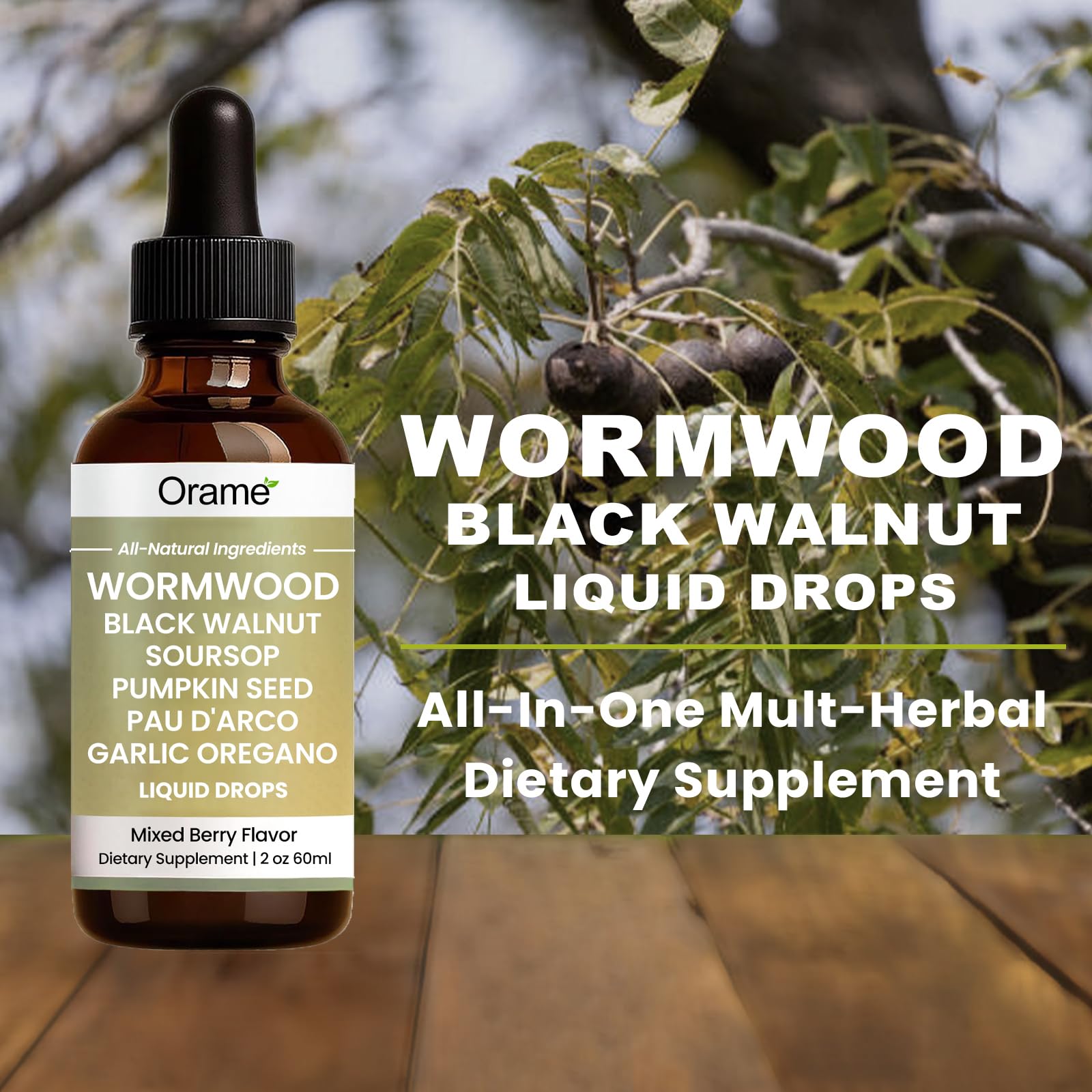Close-up of Orame Wormwood Gut Cleanse Liquid Drops bottle