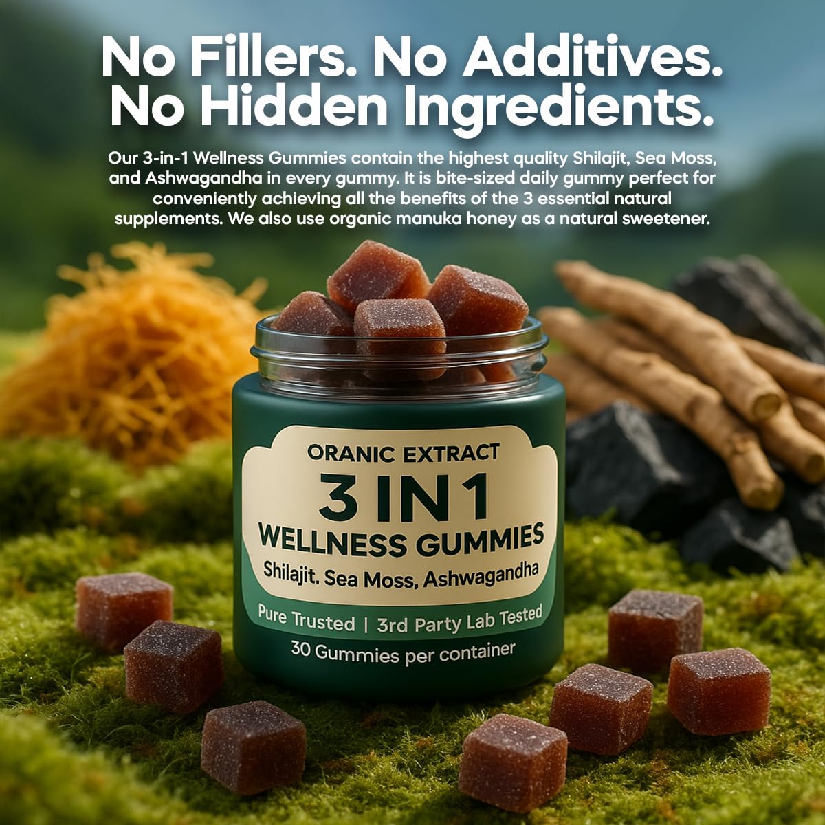 Close-up of ORANIC EXTRACT Shilajit gummy with Manuka honey