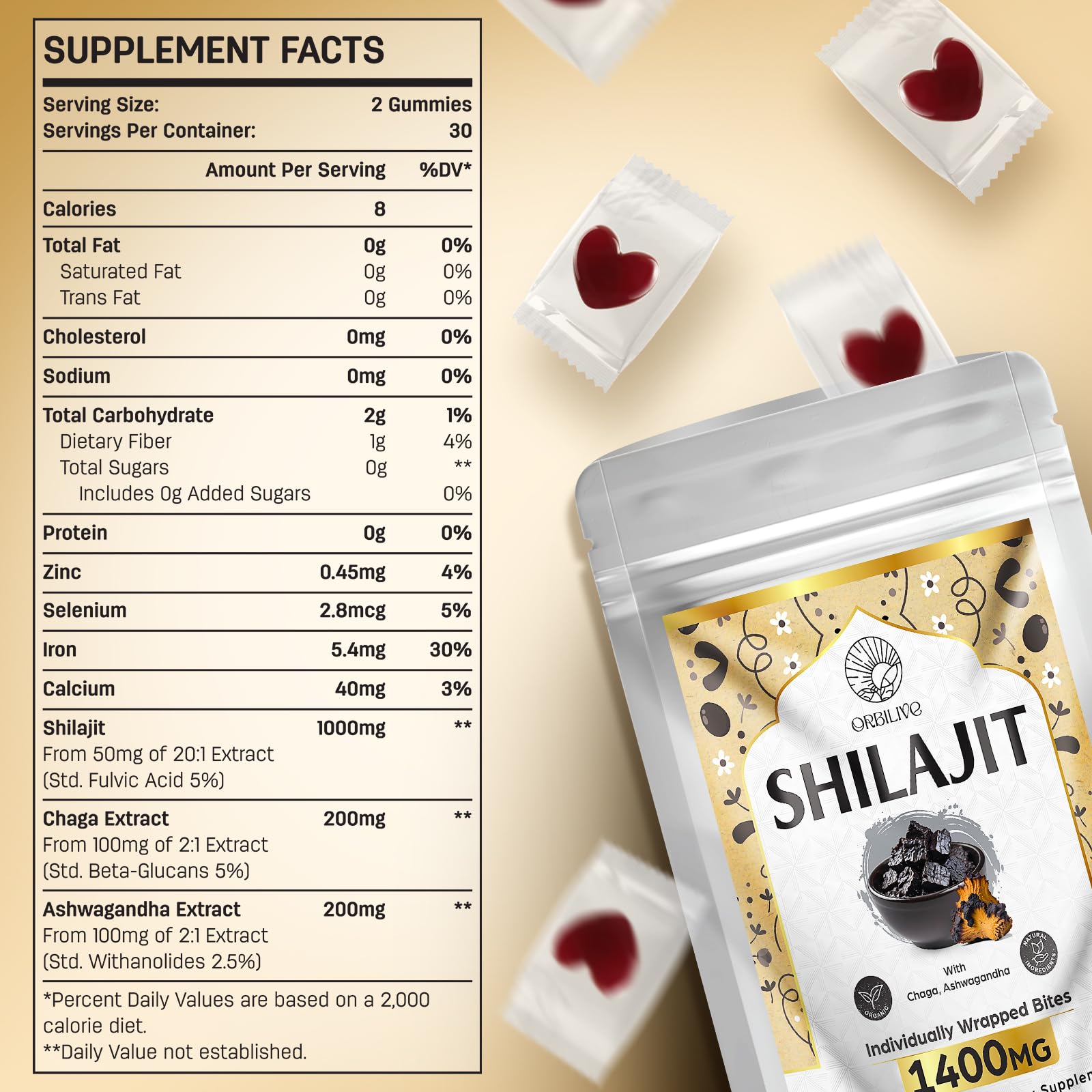 Close-up of ORBILIVE Gold Shilajit Gummies showing individual gummies