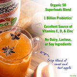 Close-up of Orgain Organic Superfoods + daily wellness Up! Powder ingredients