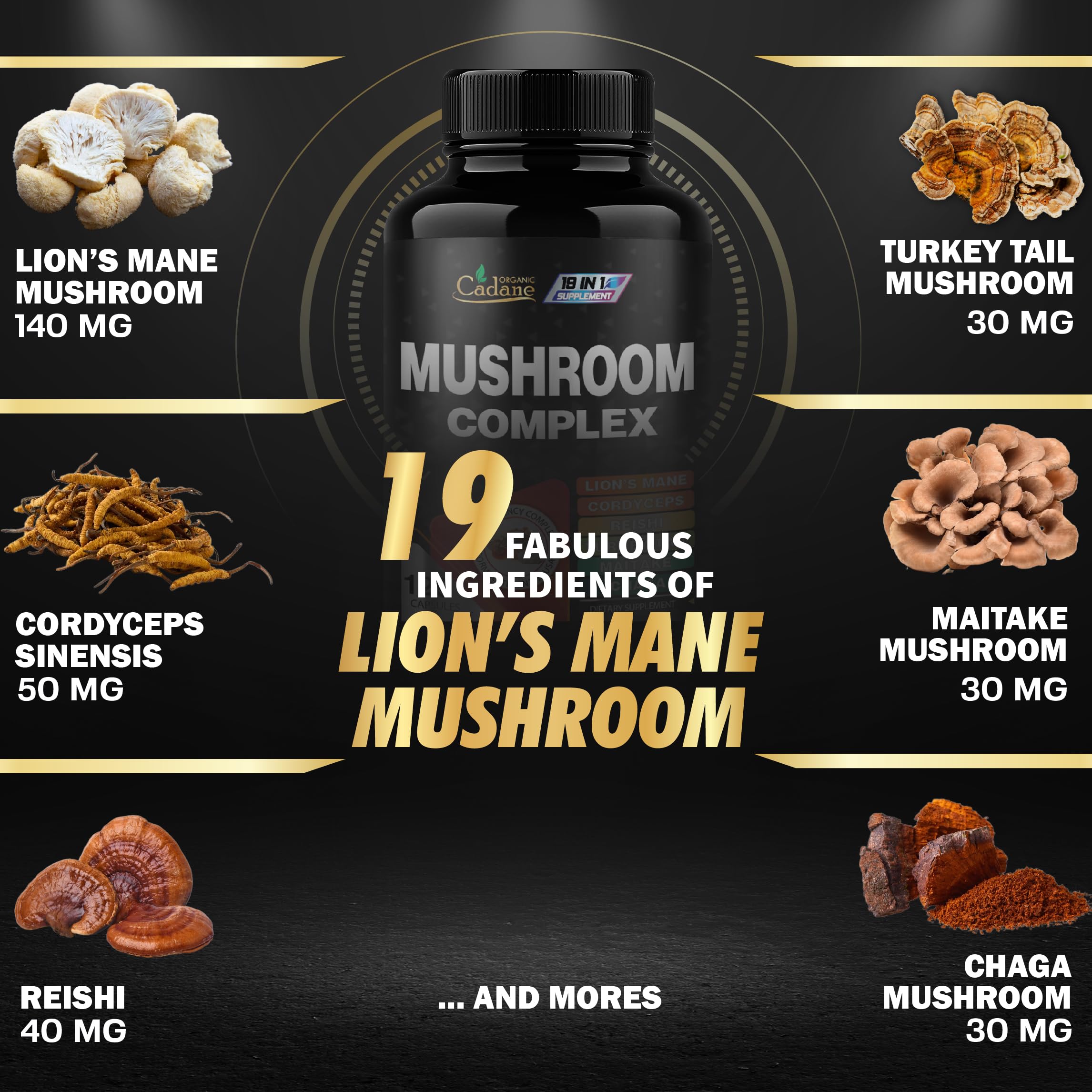 Close-up of Organic Cadane Mushroom Supplement capsules