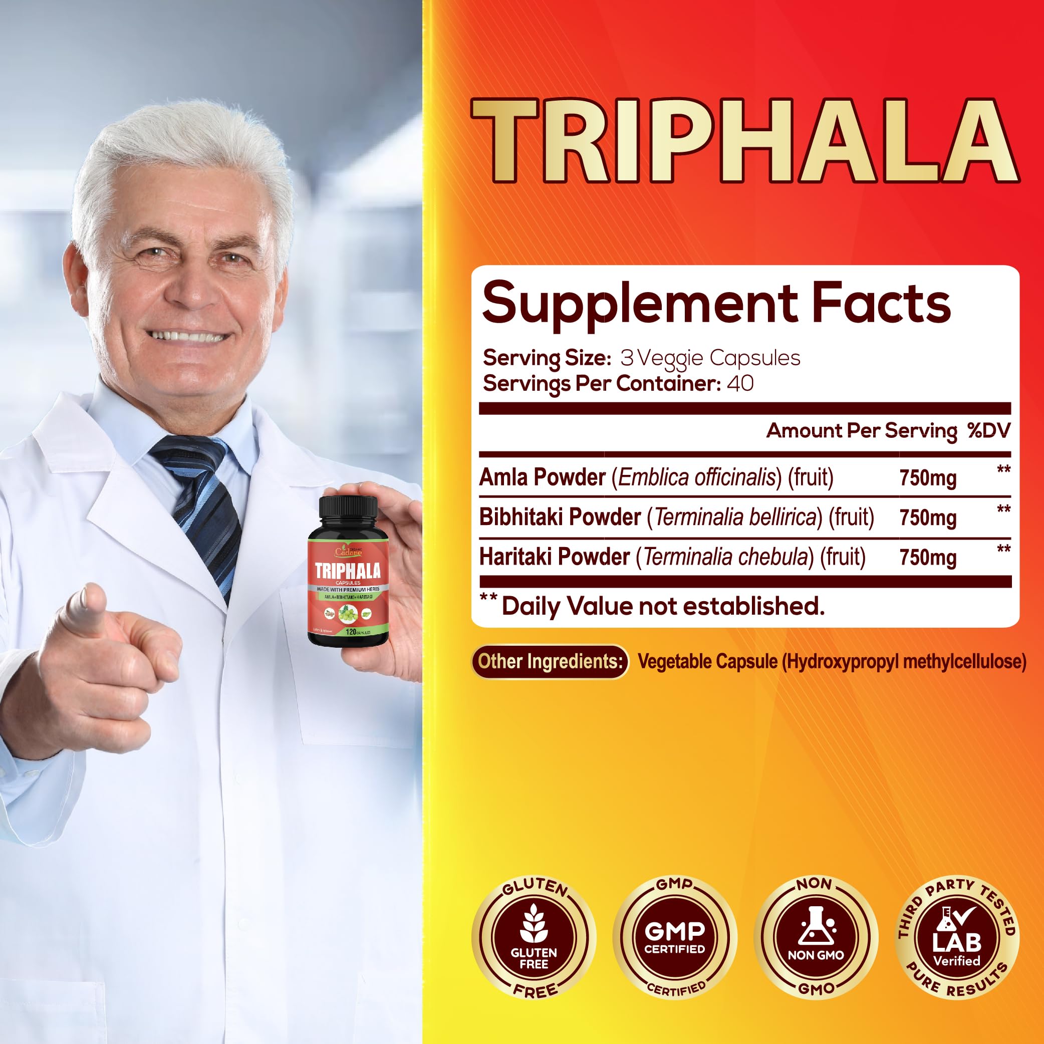 Close-up of Organic Cadane Triphala Capsules showing vegetarian capsules