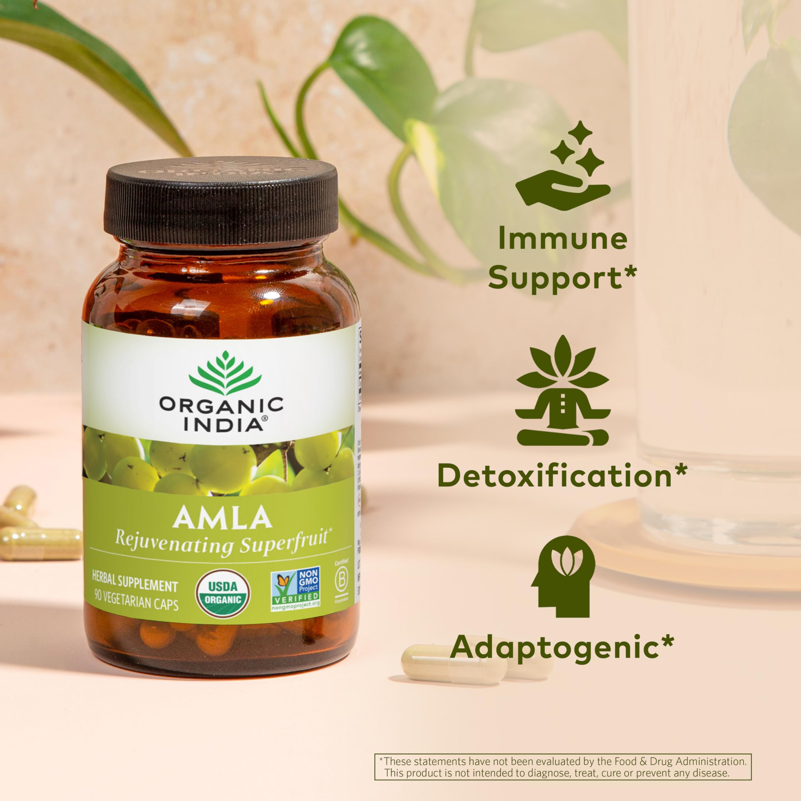 Close-up of ORGANIC INDIA Amalaki Capsules showing label details