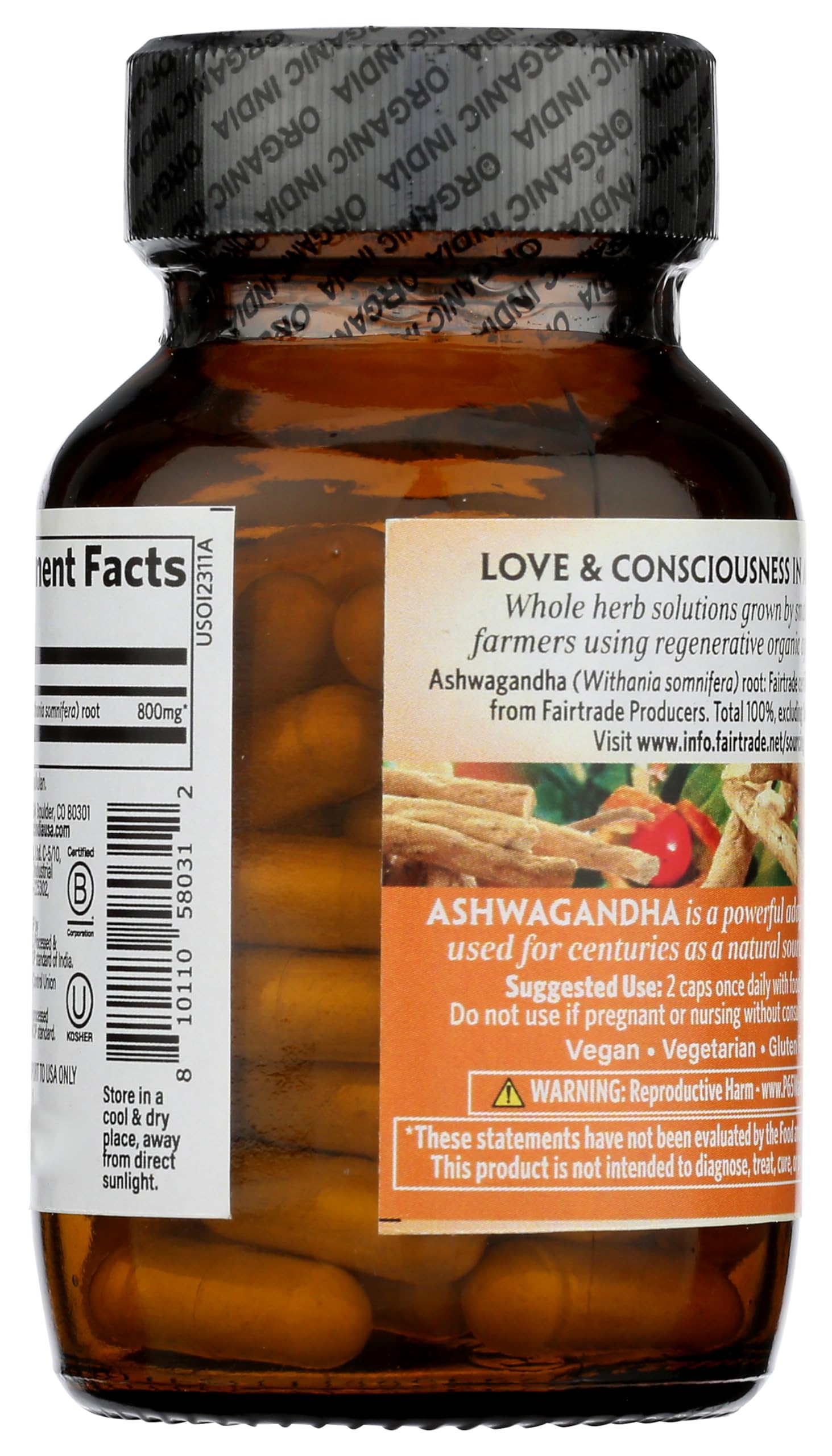 Close-up of ORGANIC INDIA Ashwagandha Capsules inside the bottle