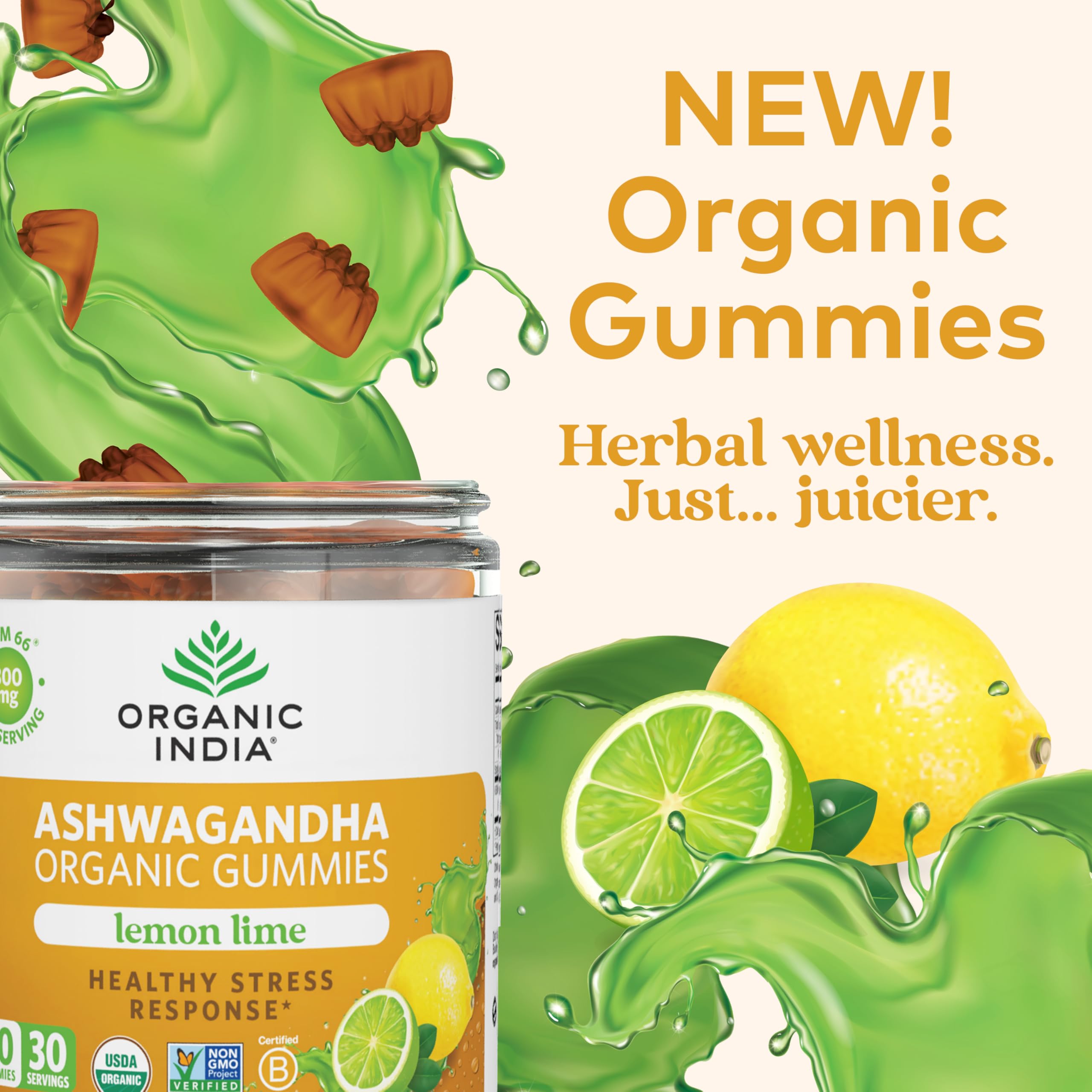 Close-up of ORGANIC INDIA Ashwagandha Gummies showing lemon lime flavour