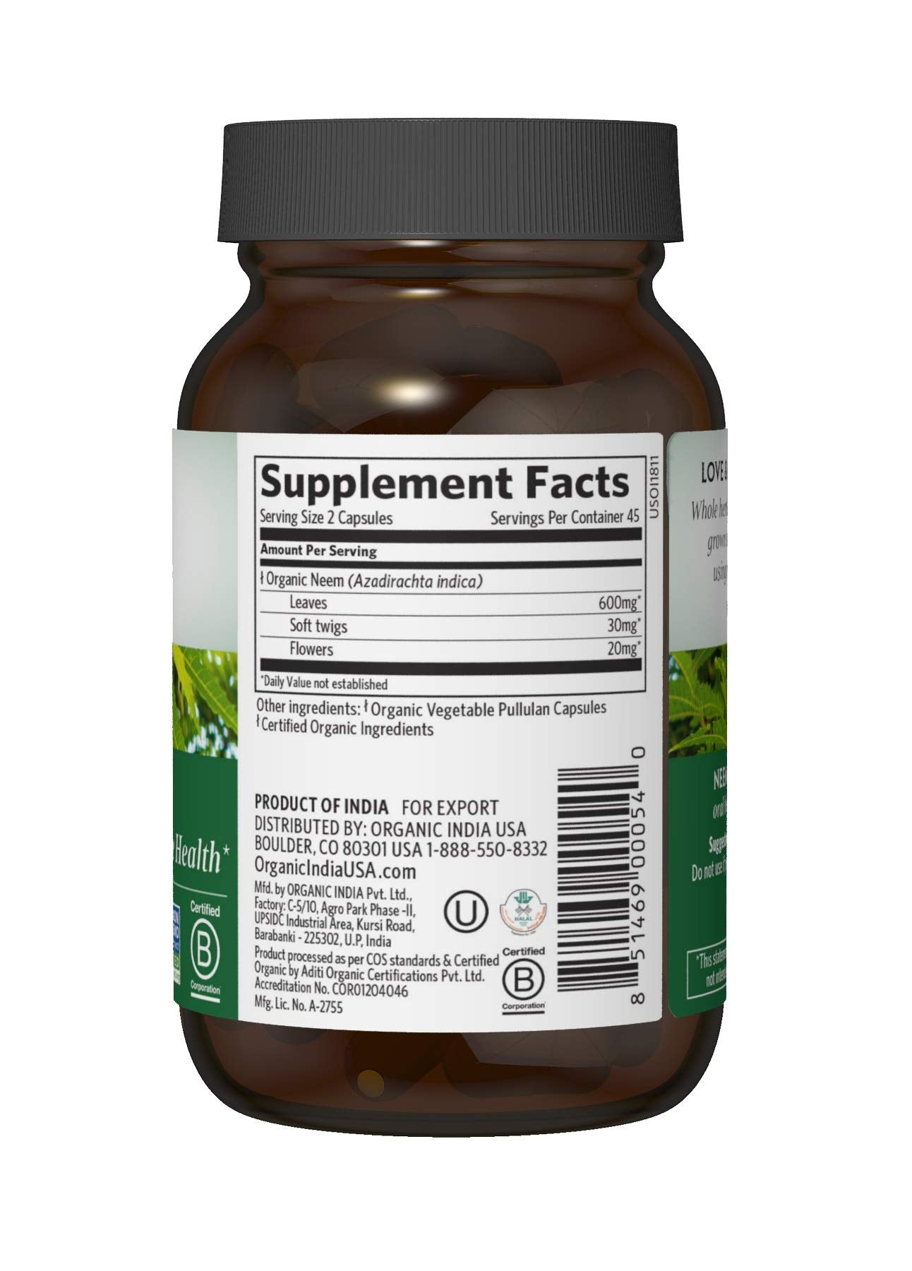 Close-up of ORGANIC INDIA Neem Capsules showing the bottle