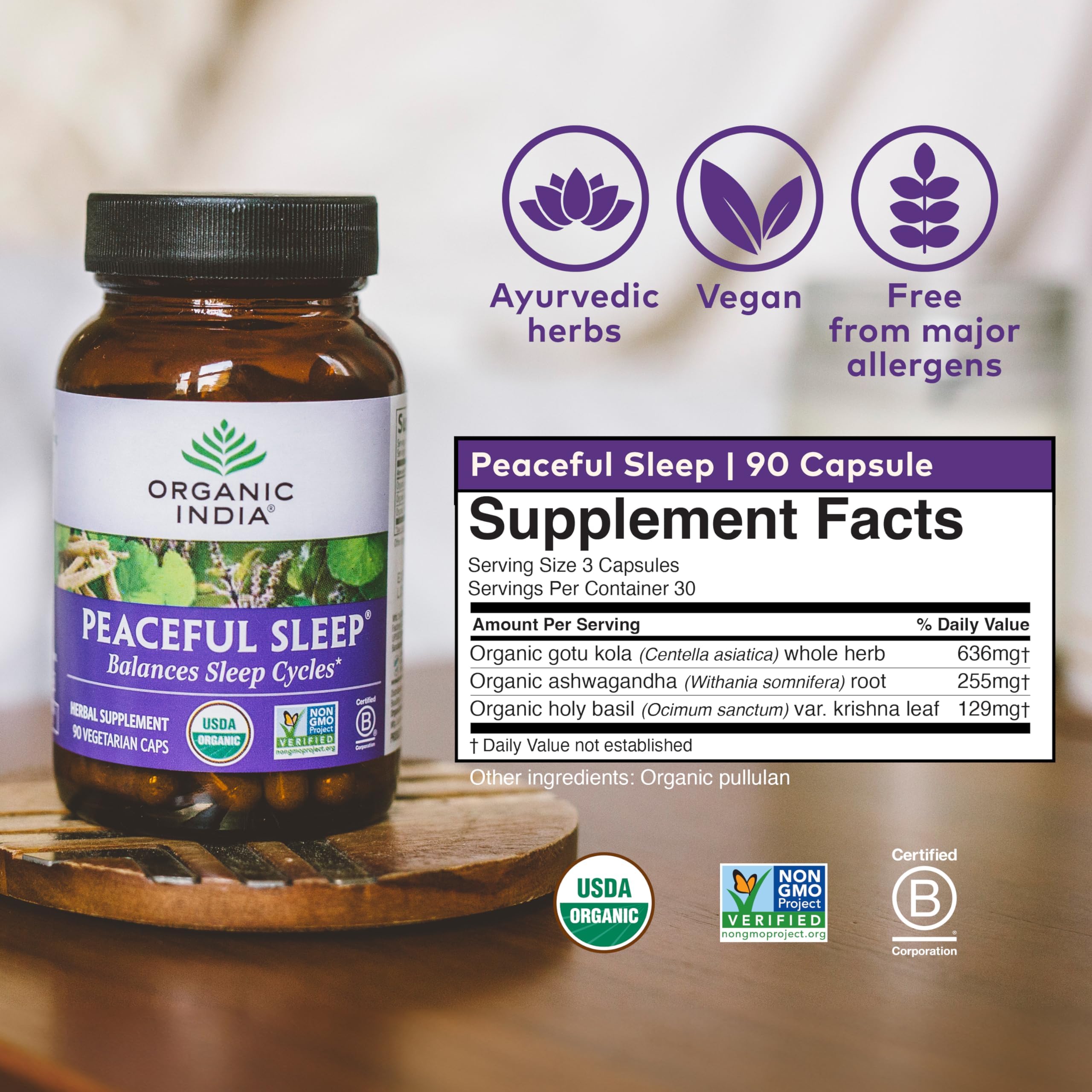 Close-up of ORGANIC INDIA Peaceful Sleep capsules