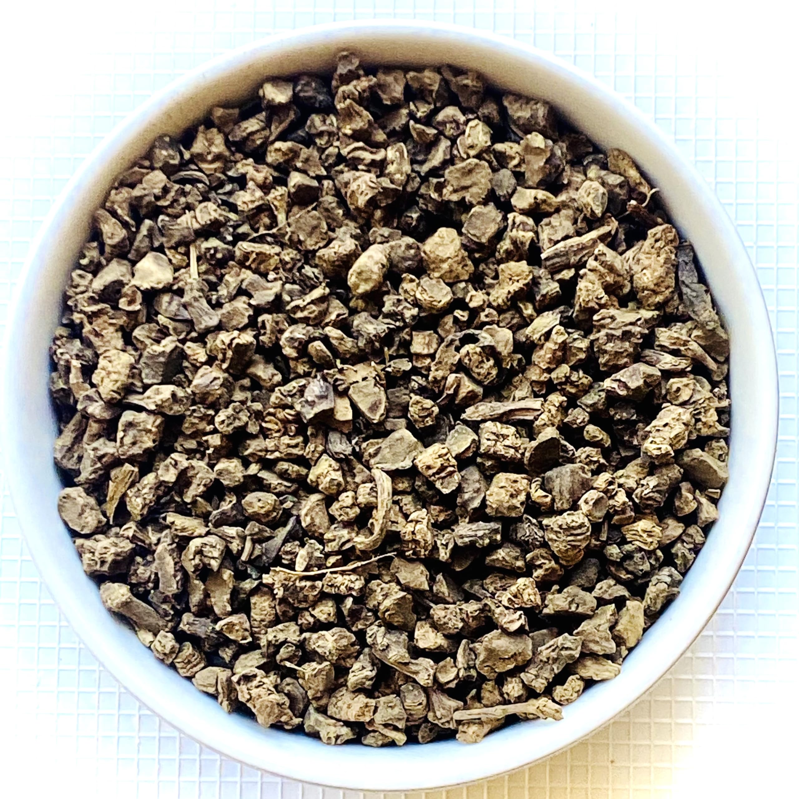Close-up of Organic Valerian Root Cut inside the pouch