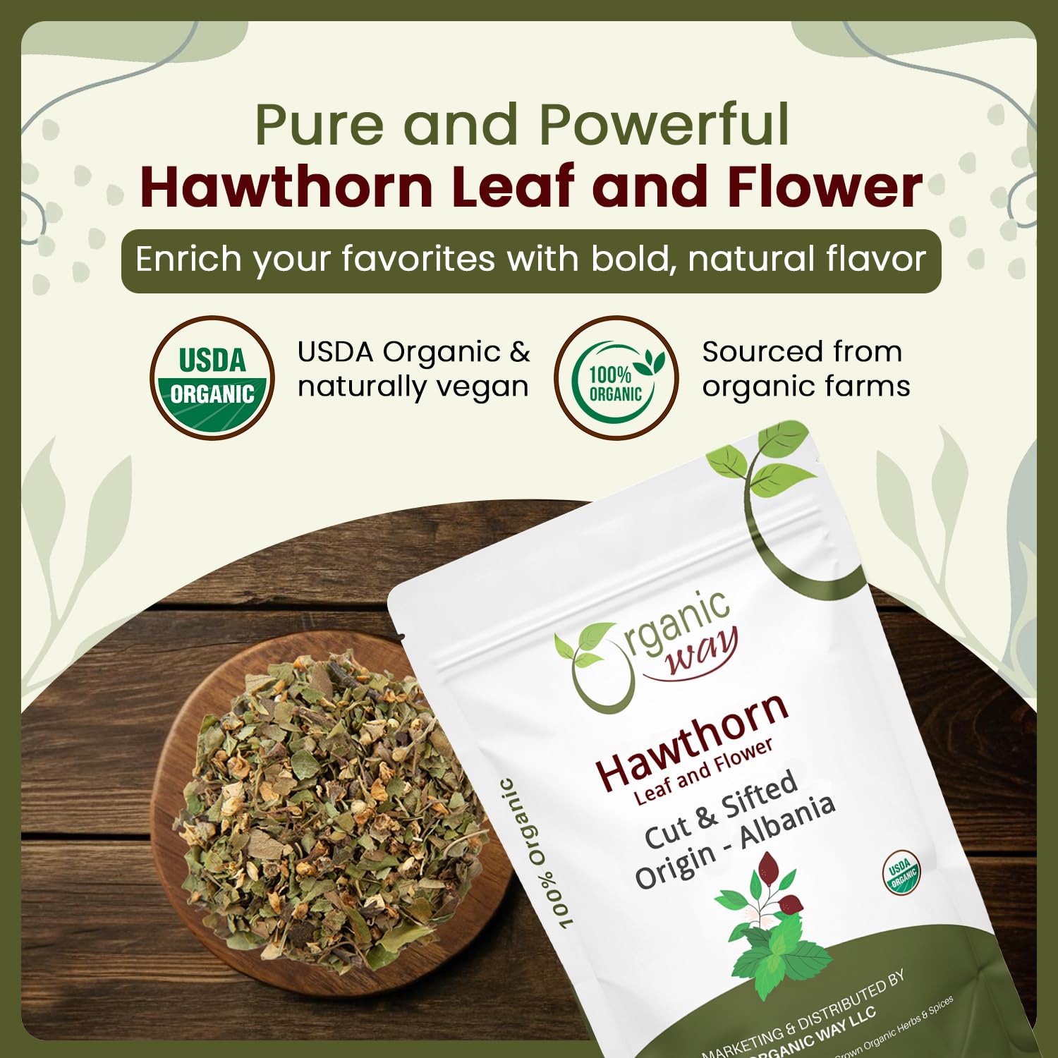Close-up of Organic Way Hawthorn Leaf and Flower Cut & Sifted