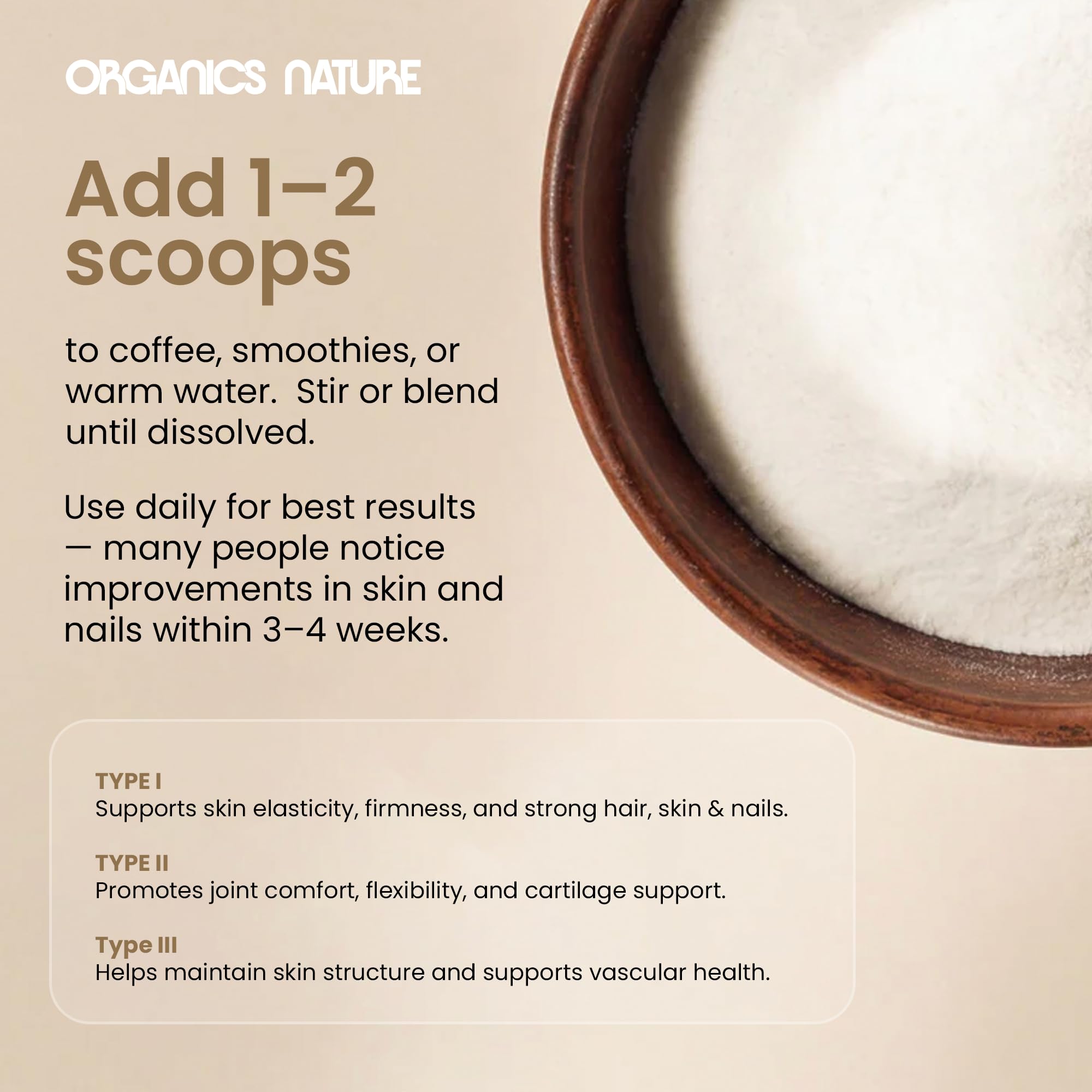 Close-up of ORGANICS NATURE Vanilla Caramel Collagen ingredients list
