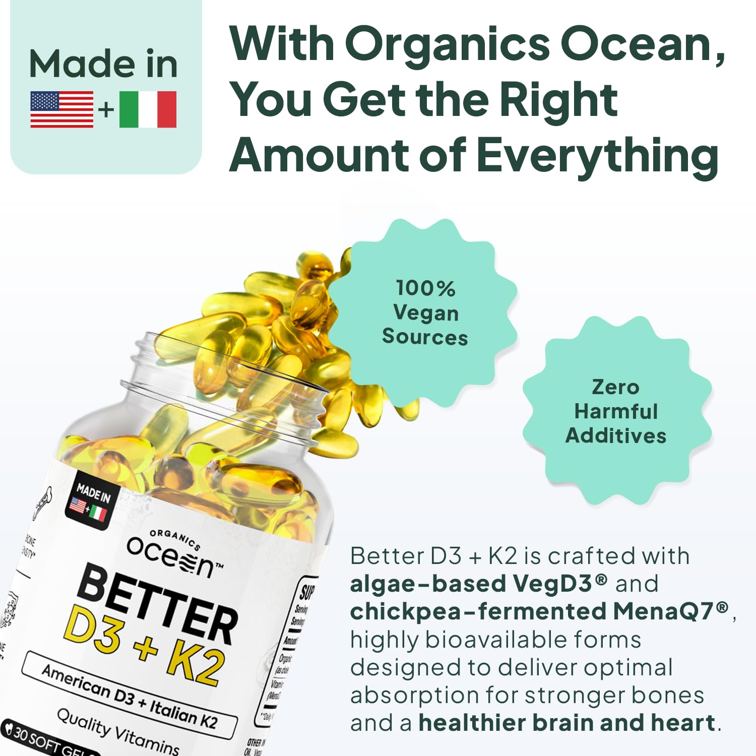 Close-up of Organics Ocean Better D3 + K2 softgel