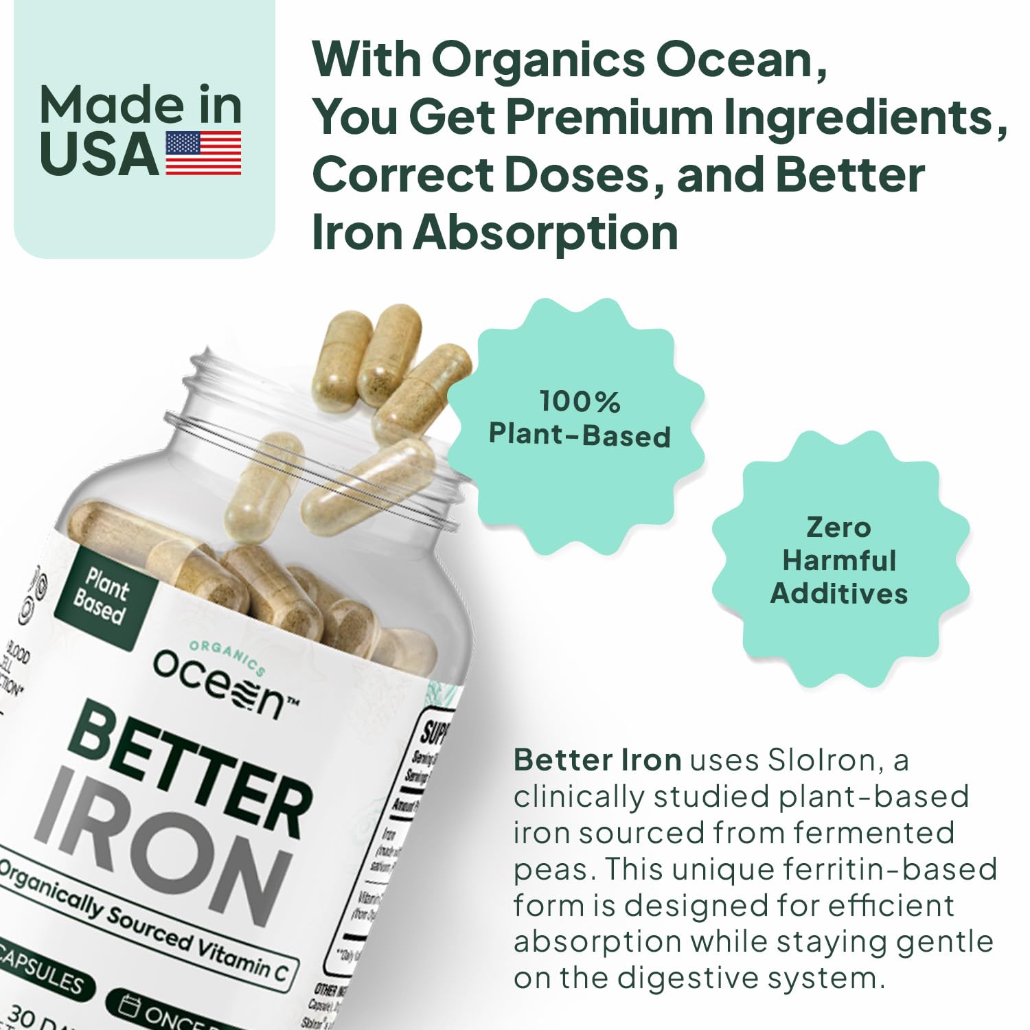 Close-up of Organics Ocean Better Iron capsules