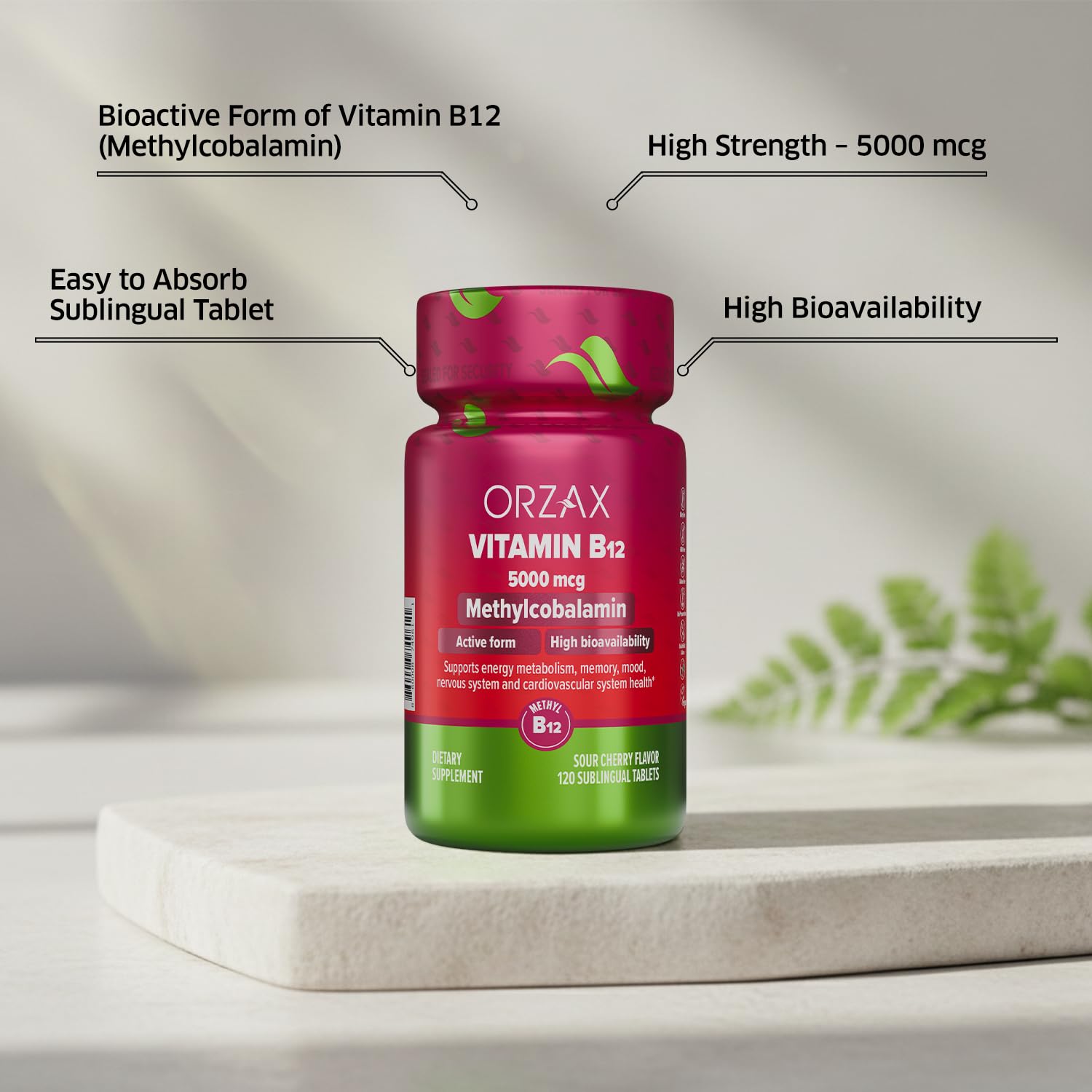 Close-up of ORZAX Vitamin B12 5000 mcg cherry flavoured tablet