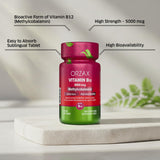 Close-up of ORZAX Vitamin B12 5000 mcg cherry flavoured tablet