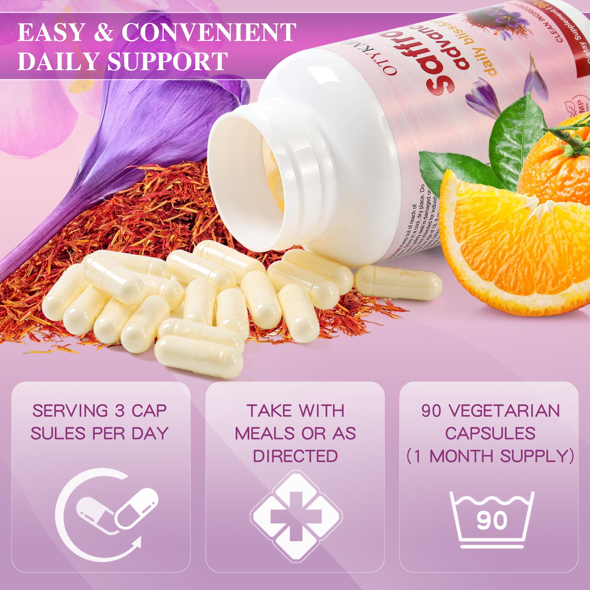 Close-up of OTYKMBF Saffron+ Advanced Capsules showing capsules