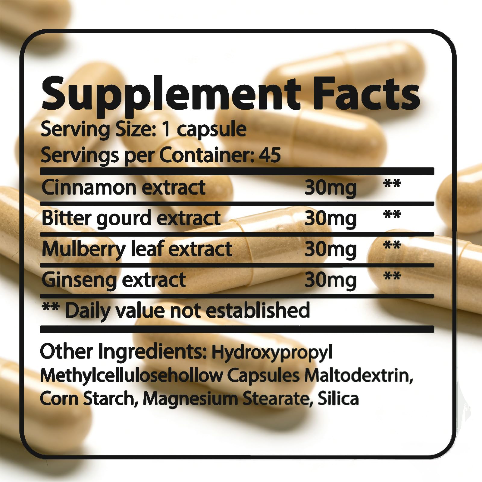 Close-up of OUHENGTEK Bitter Melon & Cinnamon Complex capsule