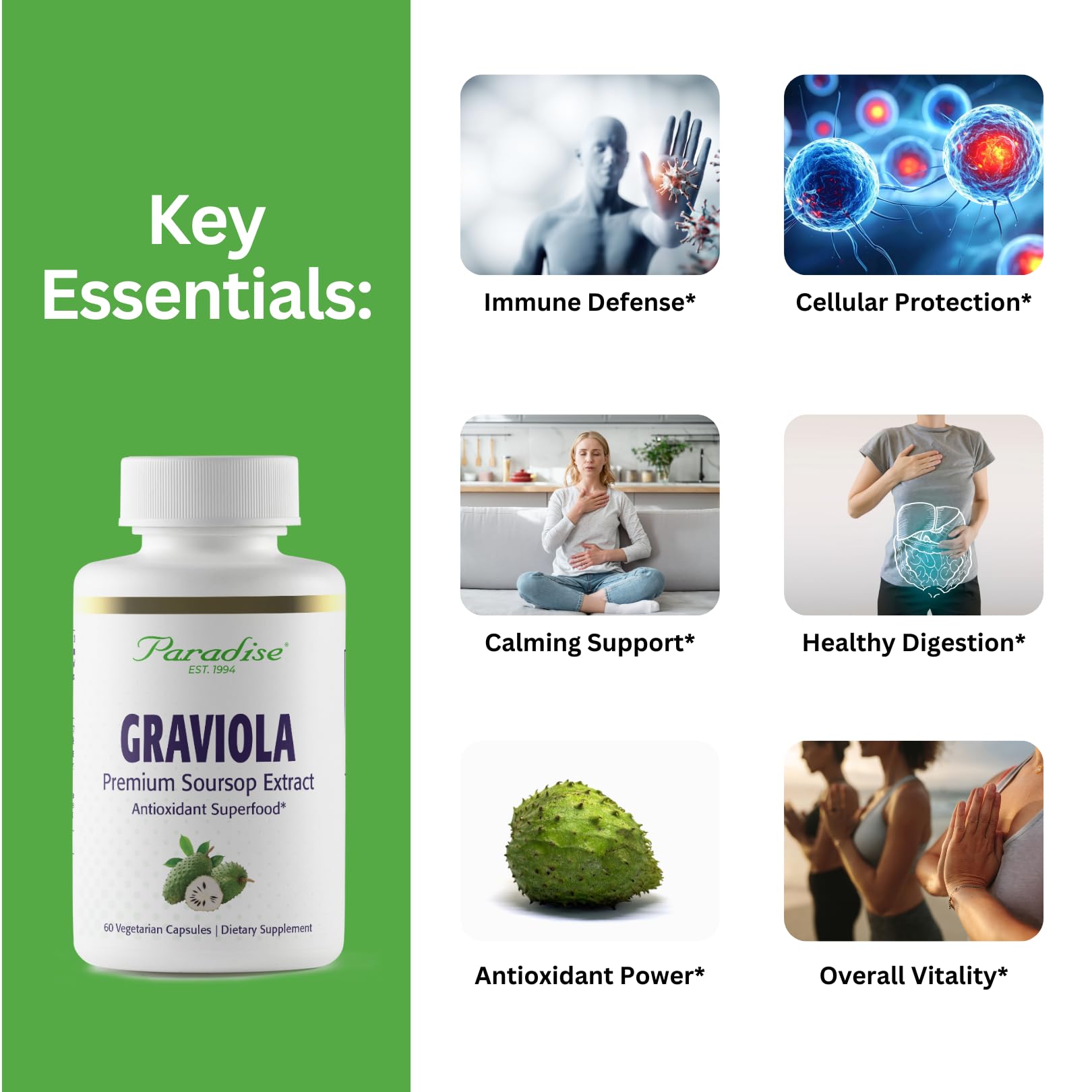 Close-up of Paradise Herbs Graviola Leaf Extract vegetarian capsules