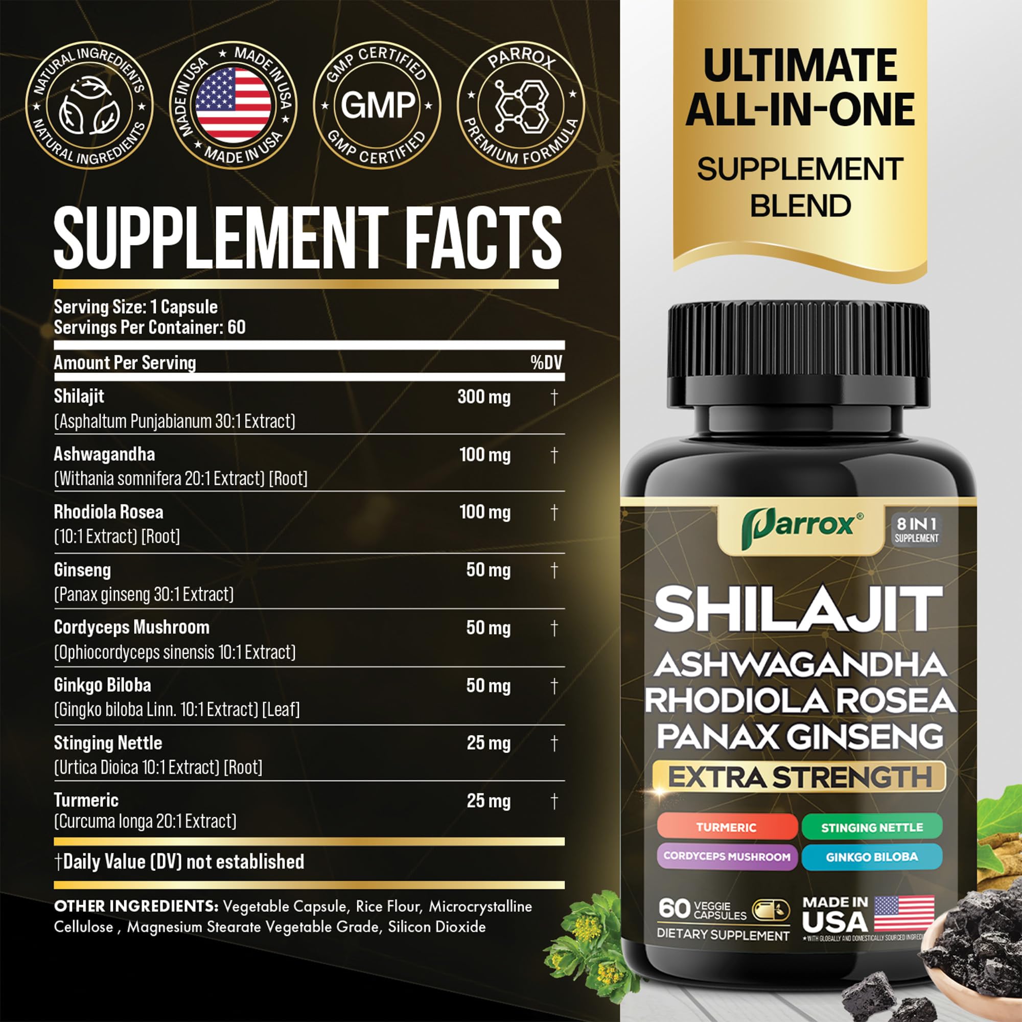 Close-up of Parrox Shilajit 8-in-1 Supplement Capsules showing ingredients