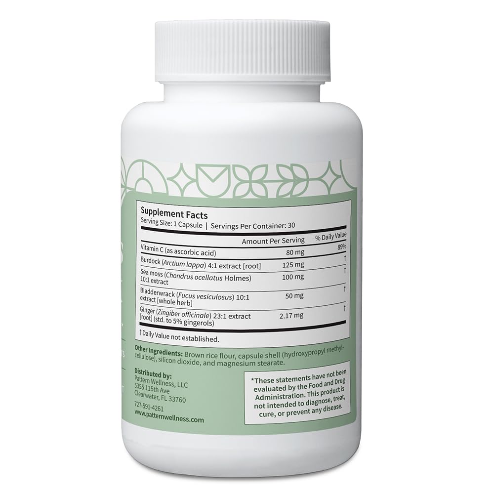Close-up of Pattern Wellness Sea Moss Complex capsules