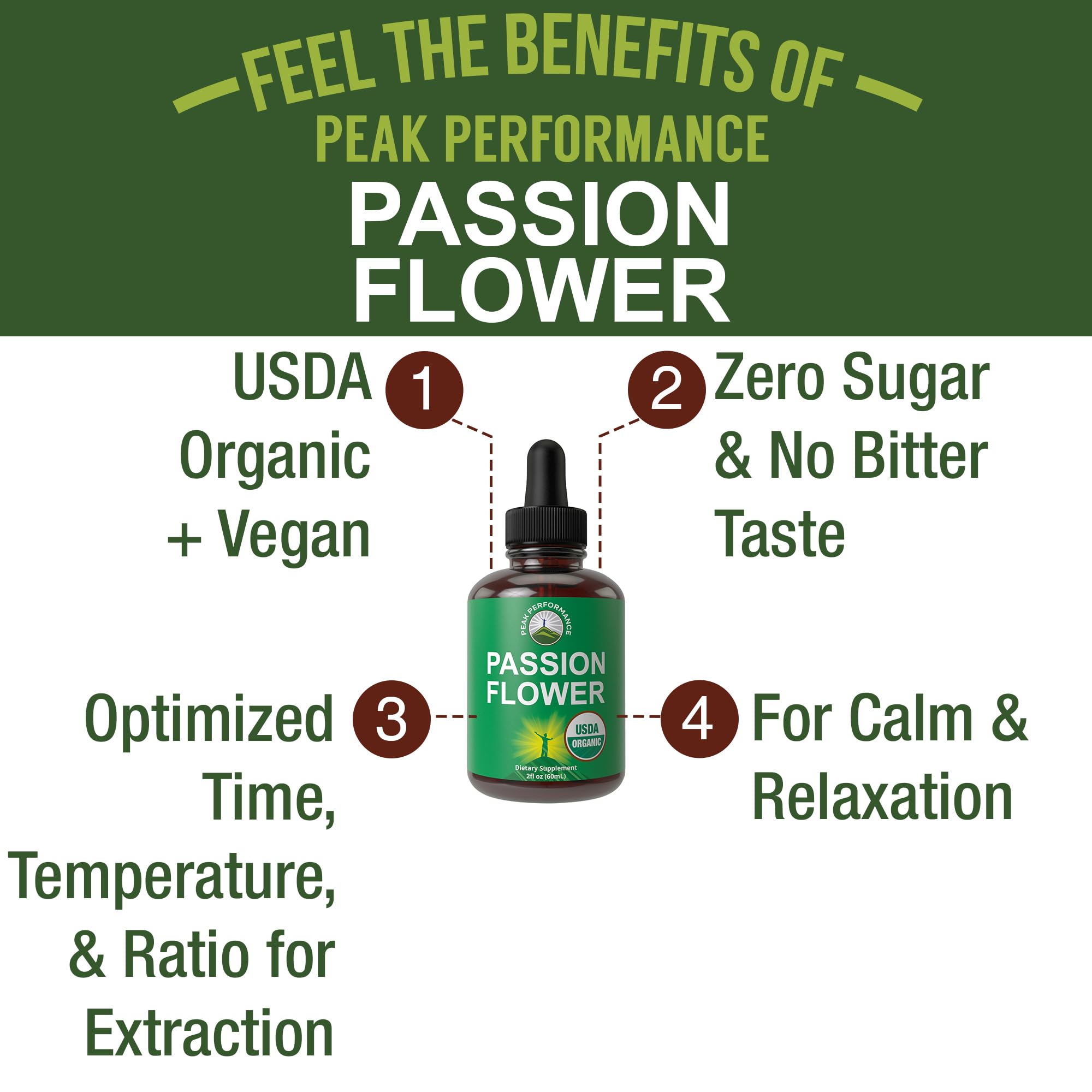 Close-up of Peak Performance Organic Passion Flower Liquid Drops bottle