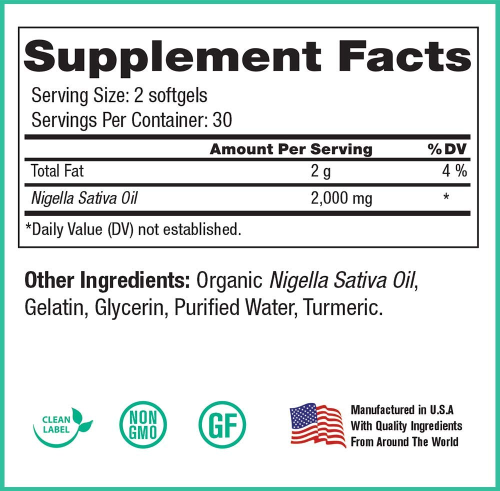 Close-up of Peak Pure & Natural Black Seed Oil label