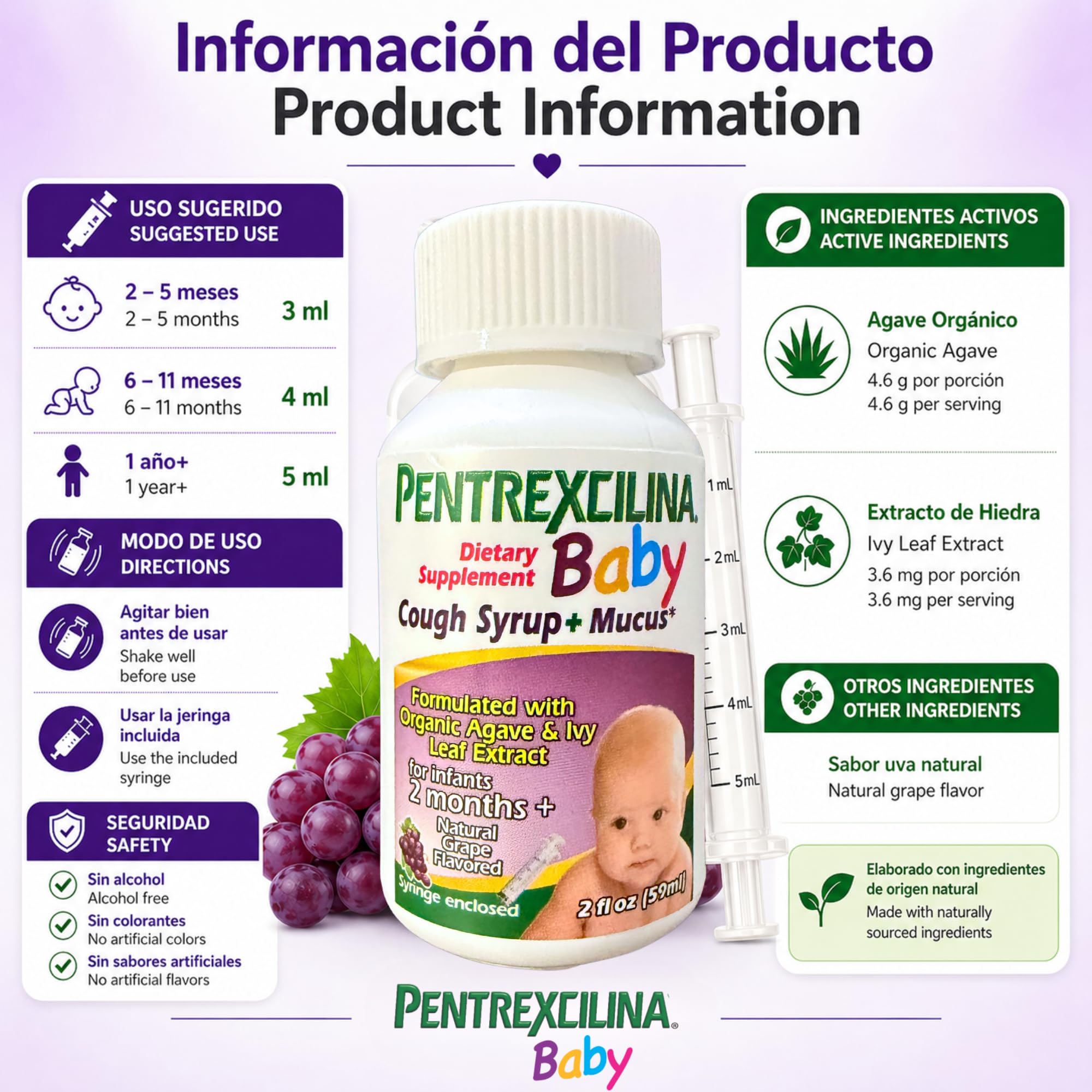 Close-up of Pentrexcilina Baby Cough Syrup showing dosing instructions