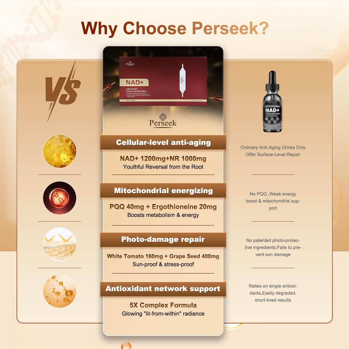 Close-up of Perseek NAD+ Liquid Supplement vials