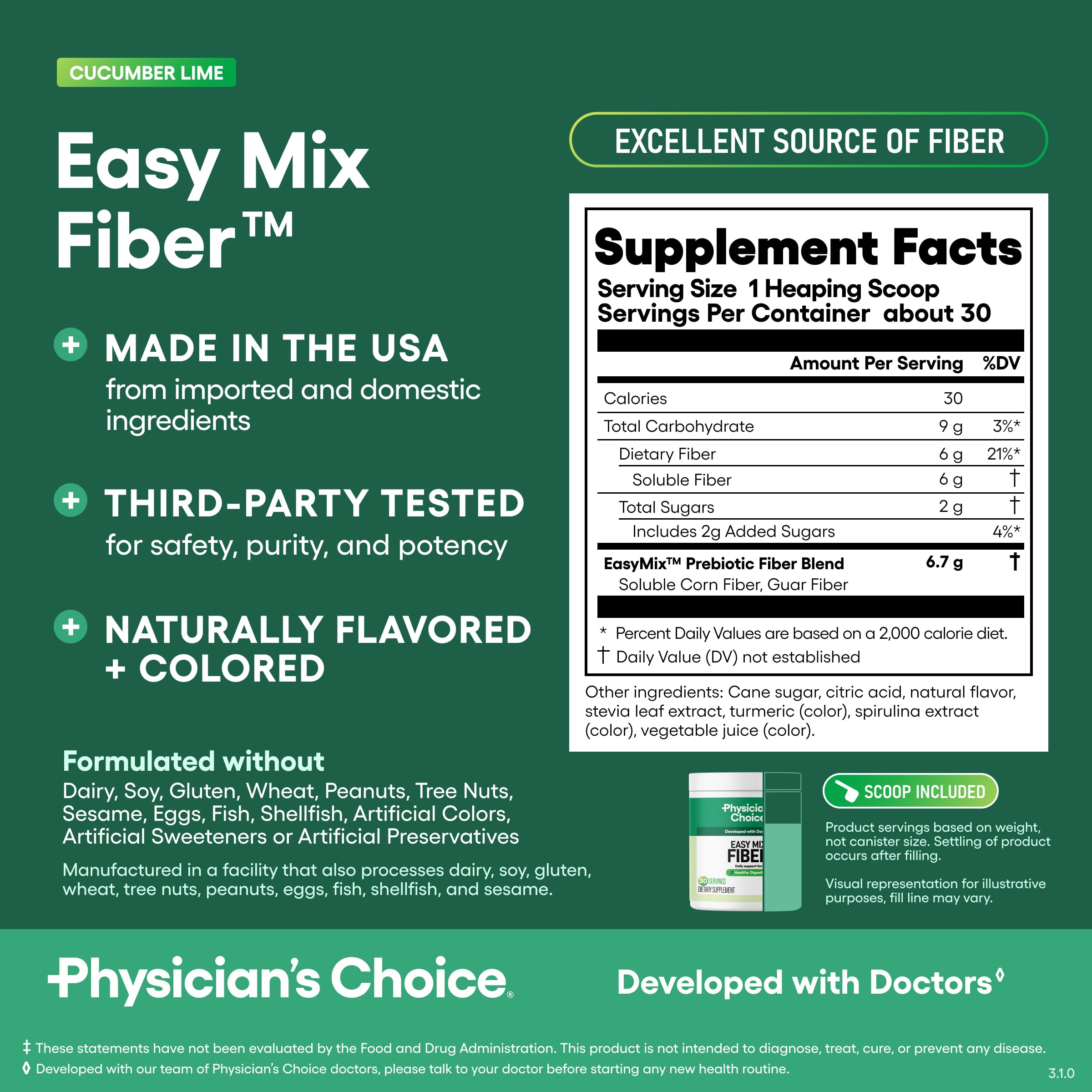 Close-up of Physician's CHOICE Cucumber Lime Easy Mix Fiber label