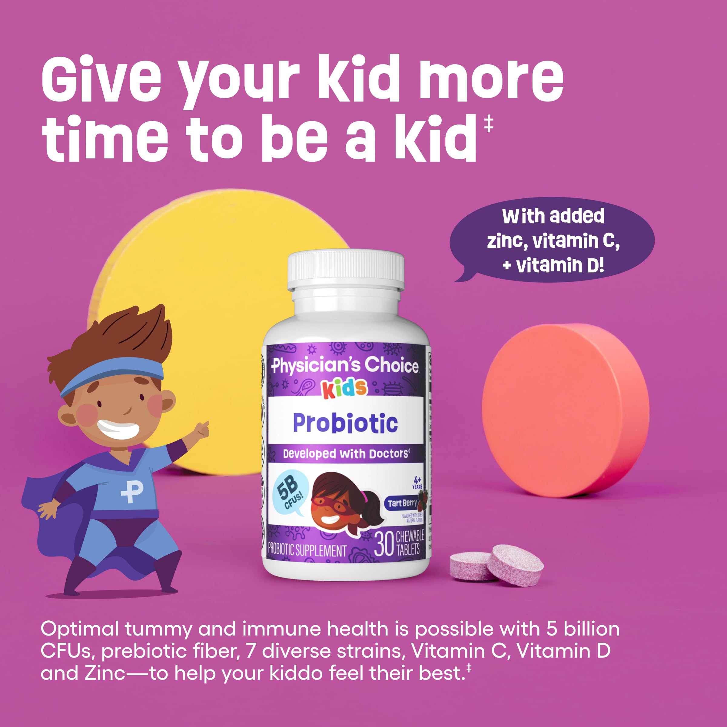 Close-up of Physician's CHOICE Kids Probiotic Chewable Tablets showing tablet size