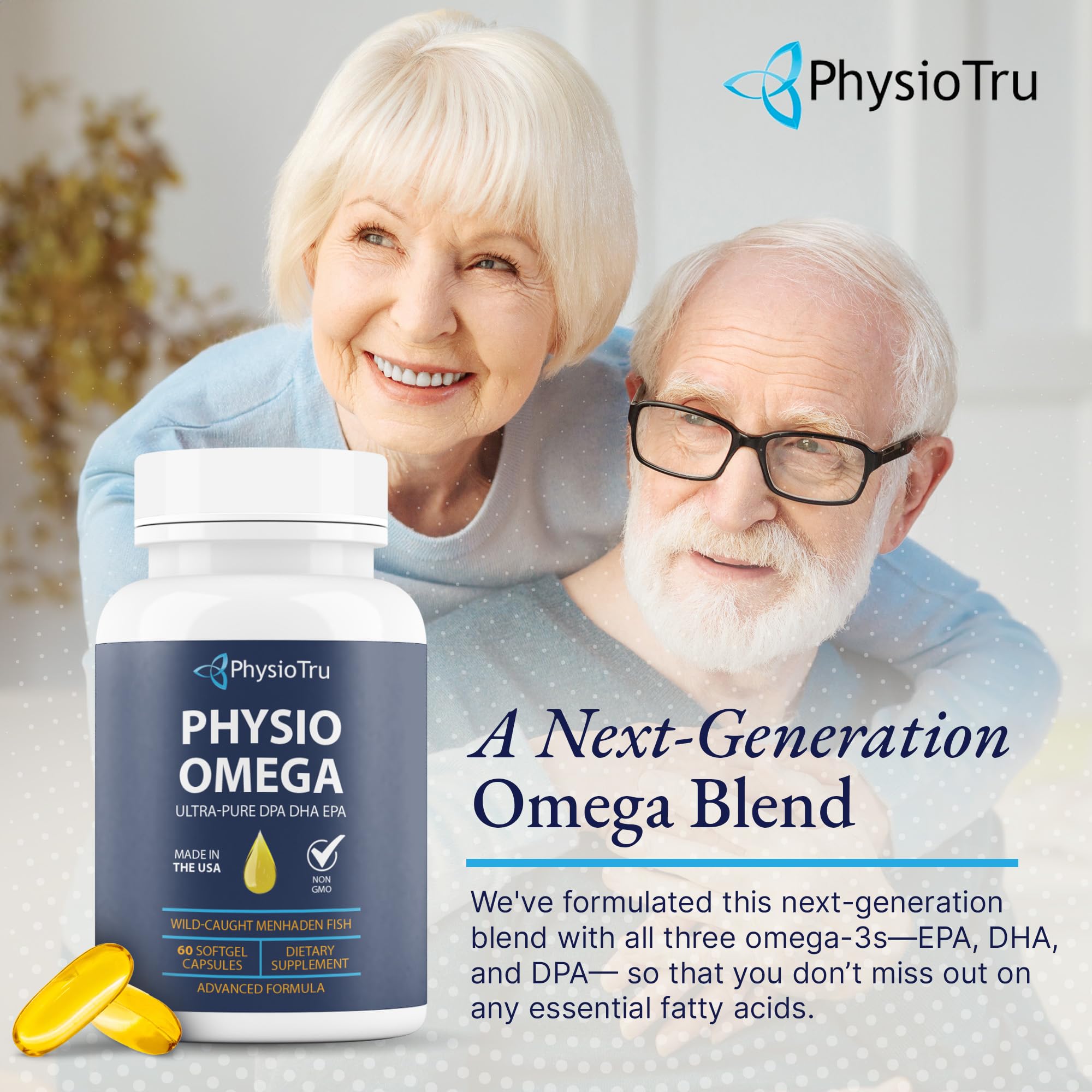 Close-up of PhysioTru Omega-3 softgel capsule