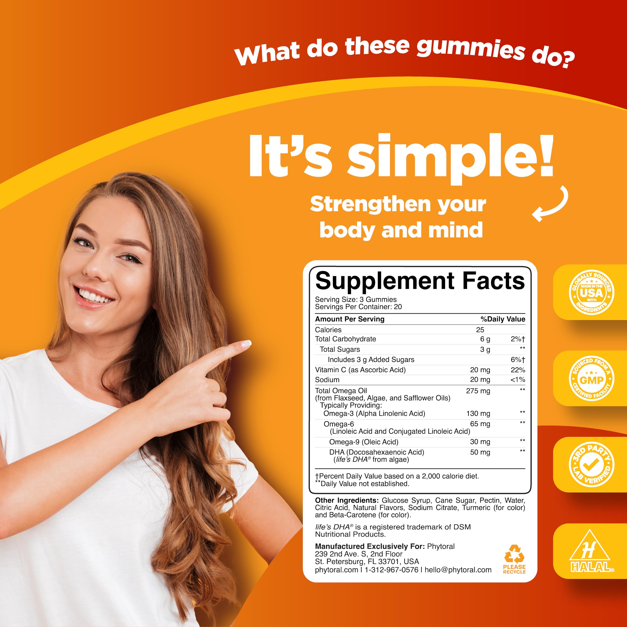 Close-up of Phytoral Omega-3 Gummies with nutrition label