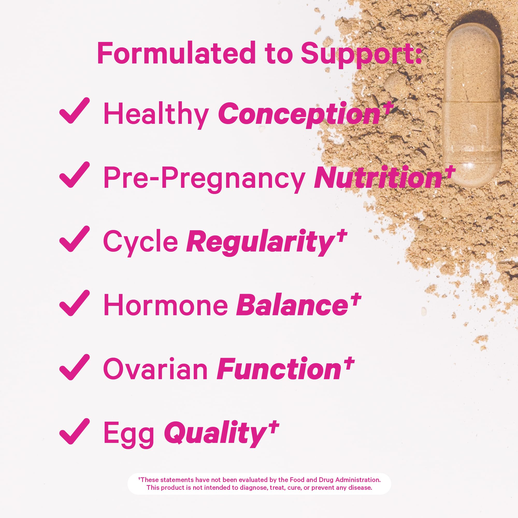 Close-up of Pink Stork Fertility Support supplement capsules