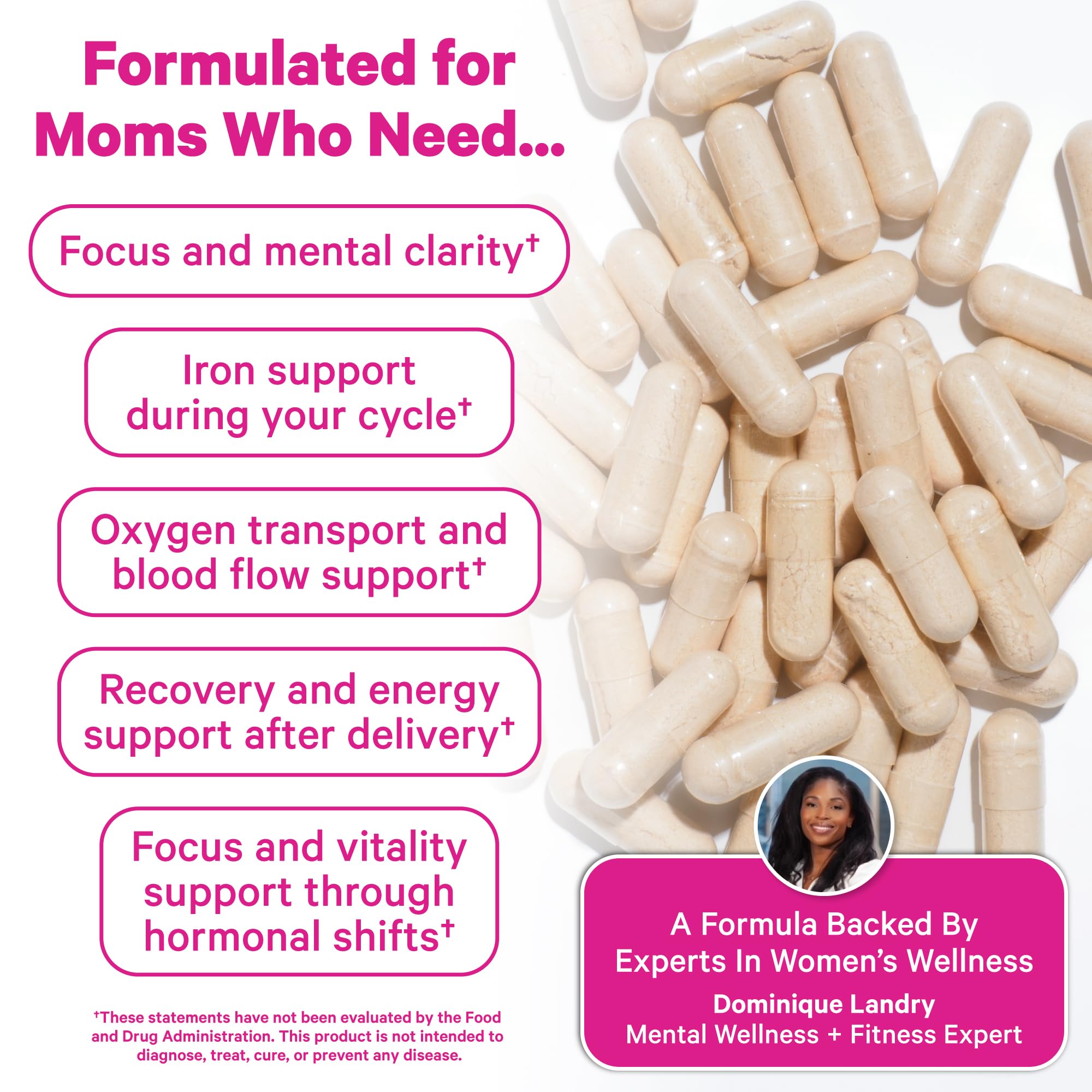 Close-up of Pink Stork Iron Supplement capsules
