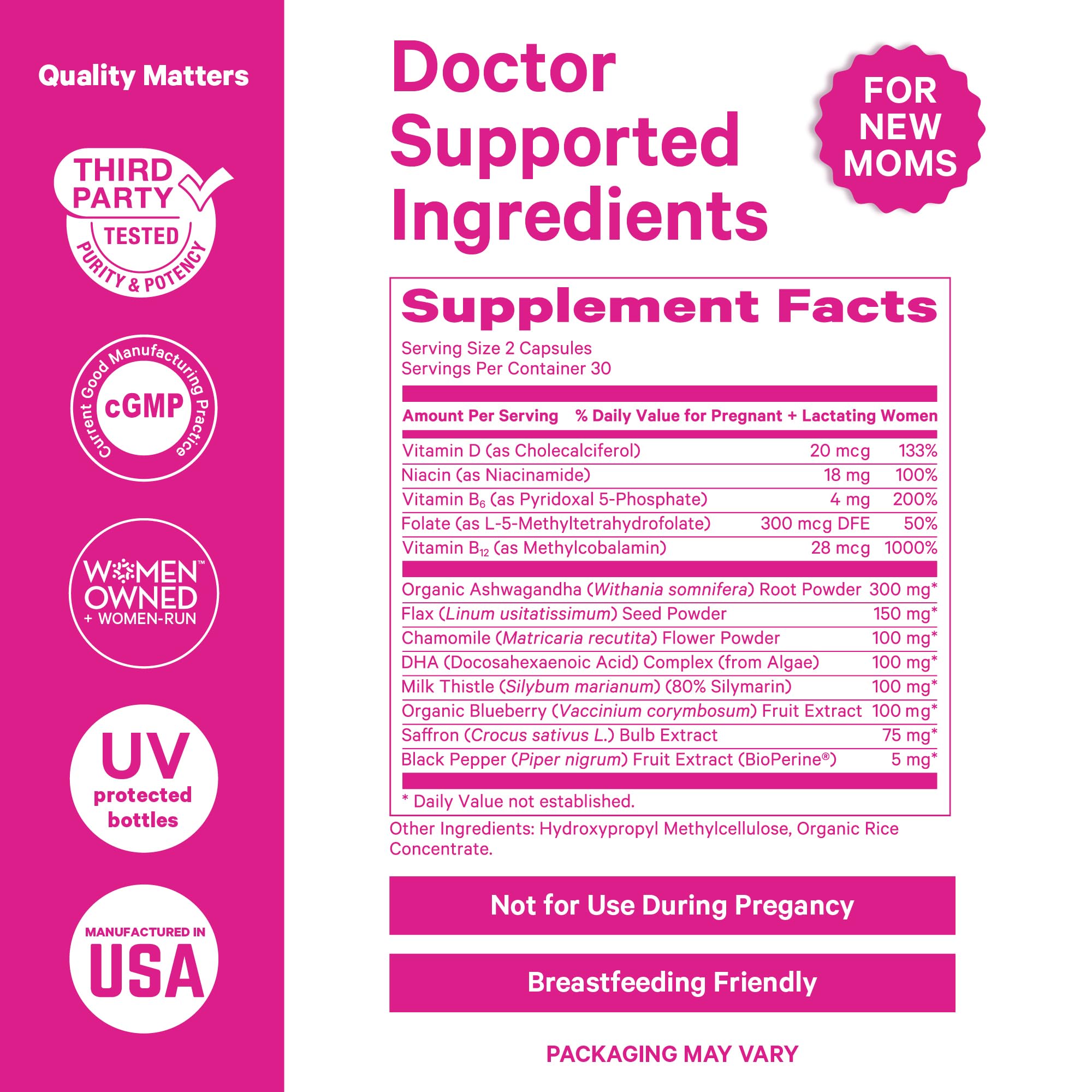 Close-up of Pink Stork Postpartum Mood Support ingredients