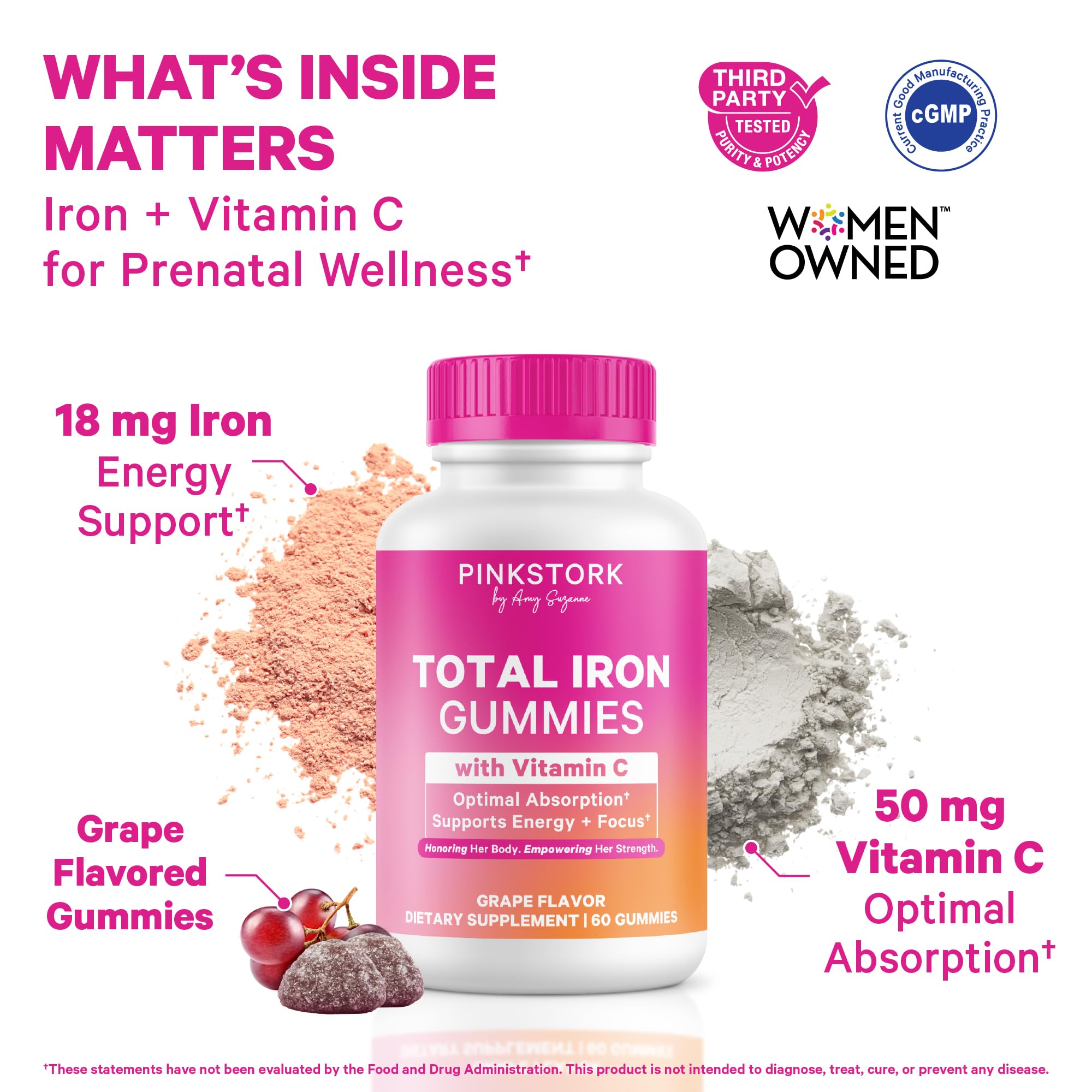 Close-up of Pink Stork Pregnancy Iron Gummies showing gummies