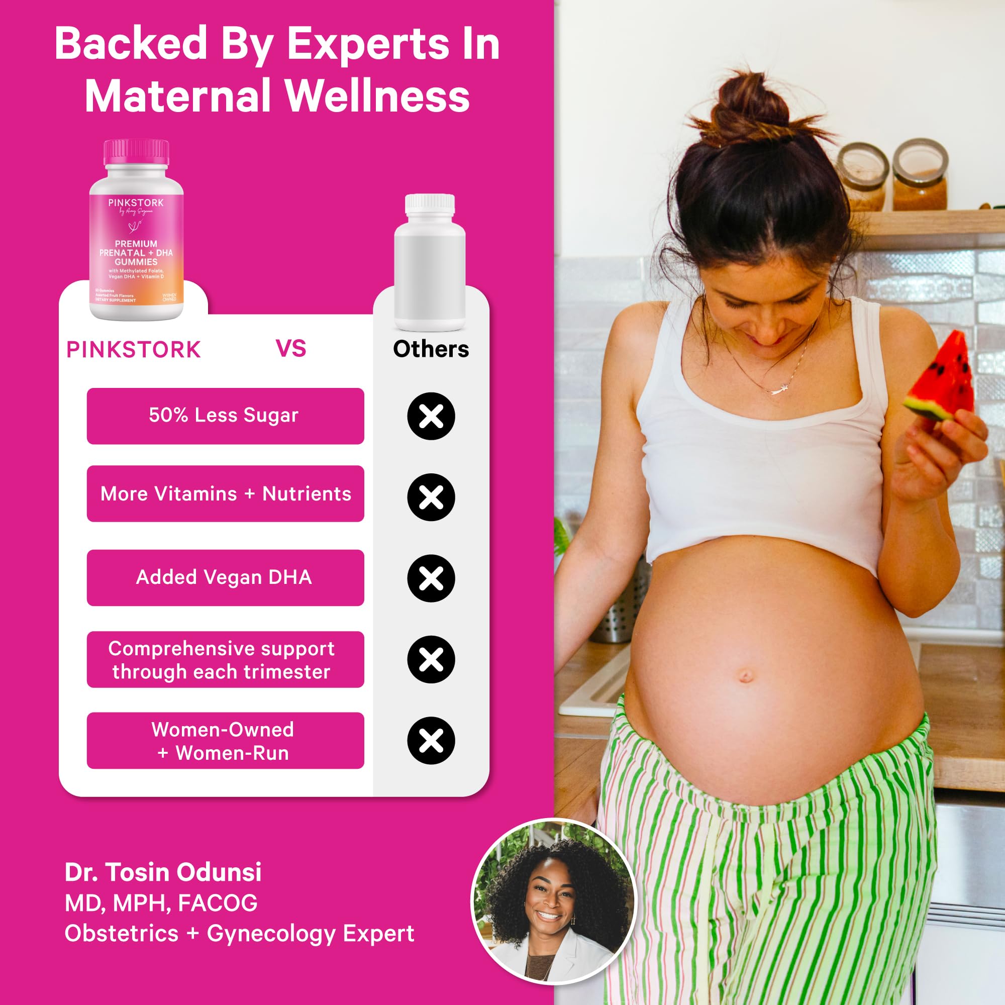 Close-up of Pink Stork Premium Prenatal Gummies ingredients