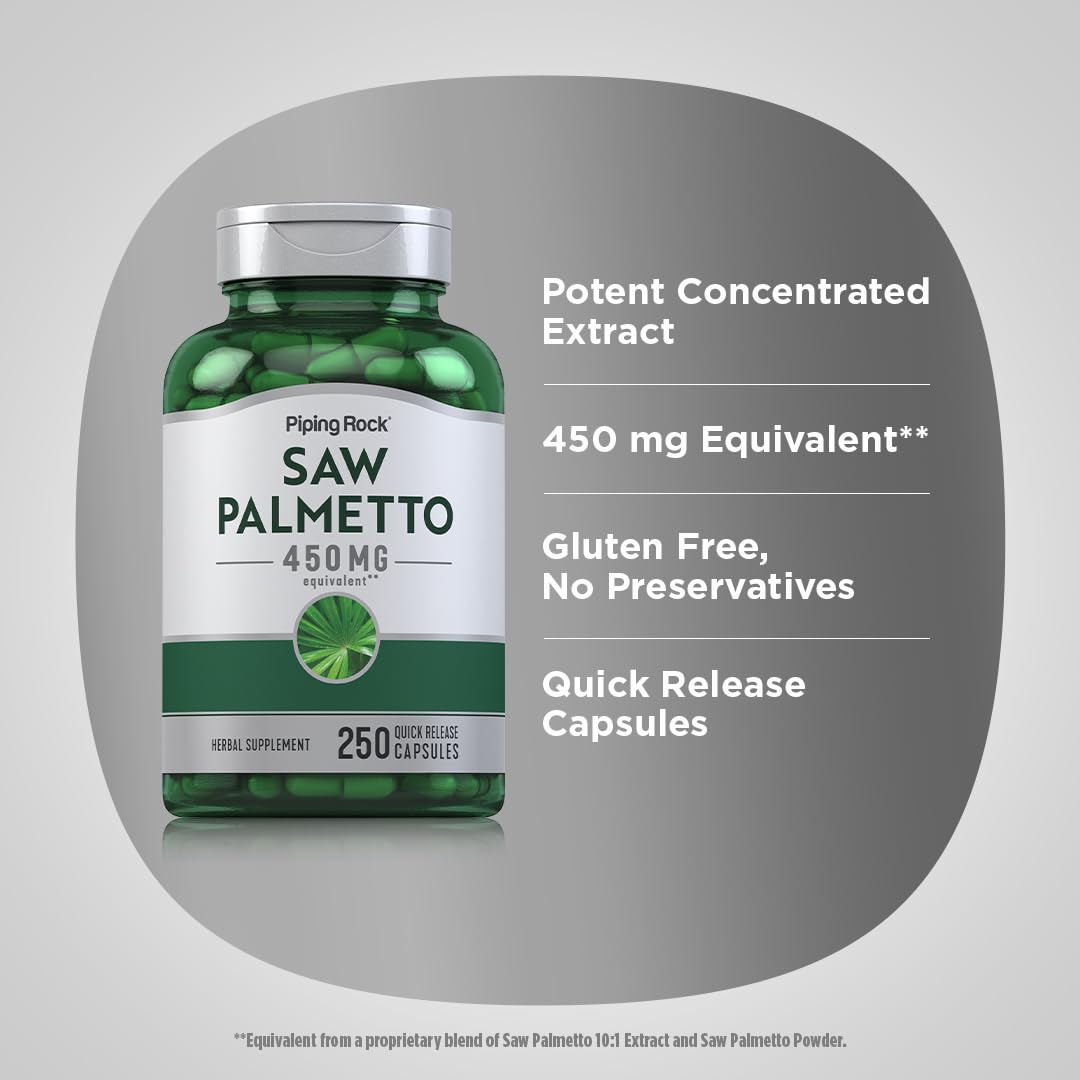 Close-up of Piping Rock Saw Palmetto Extract capsules