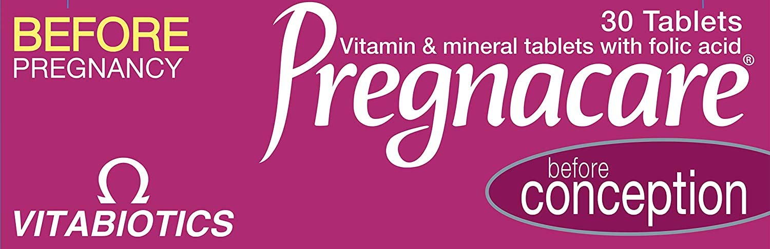 Close-up of Pregnacare Conception Omega-3 capsules and vitamin tablets