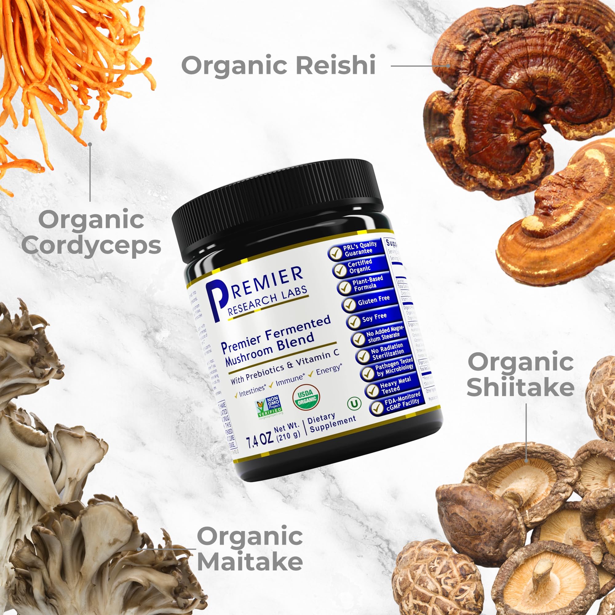 Close-up of Premier Research Labs Mushroom Complex powder