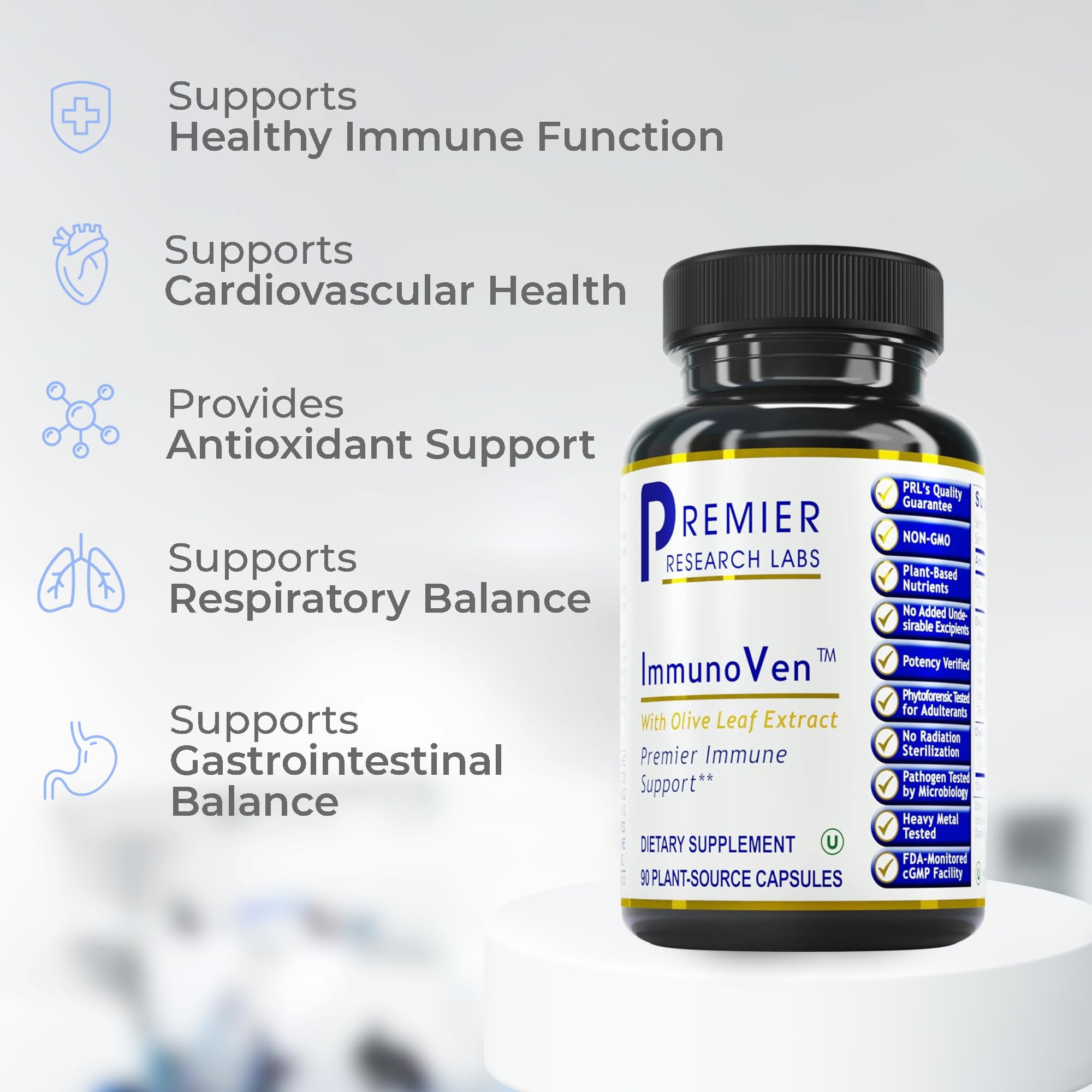 Close-up of Premier Research Labs Olive Leaf Extract 255mg capsule