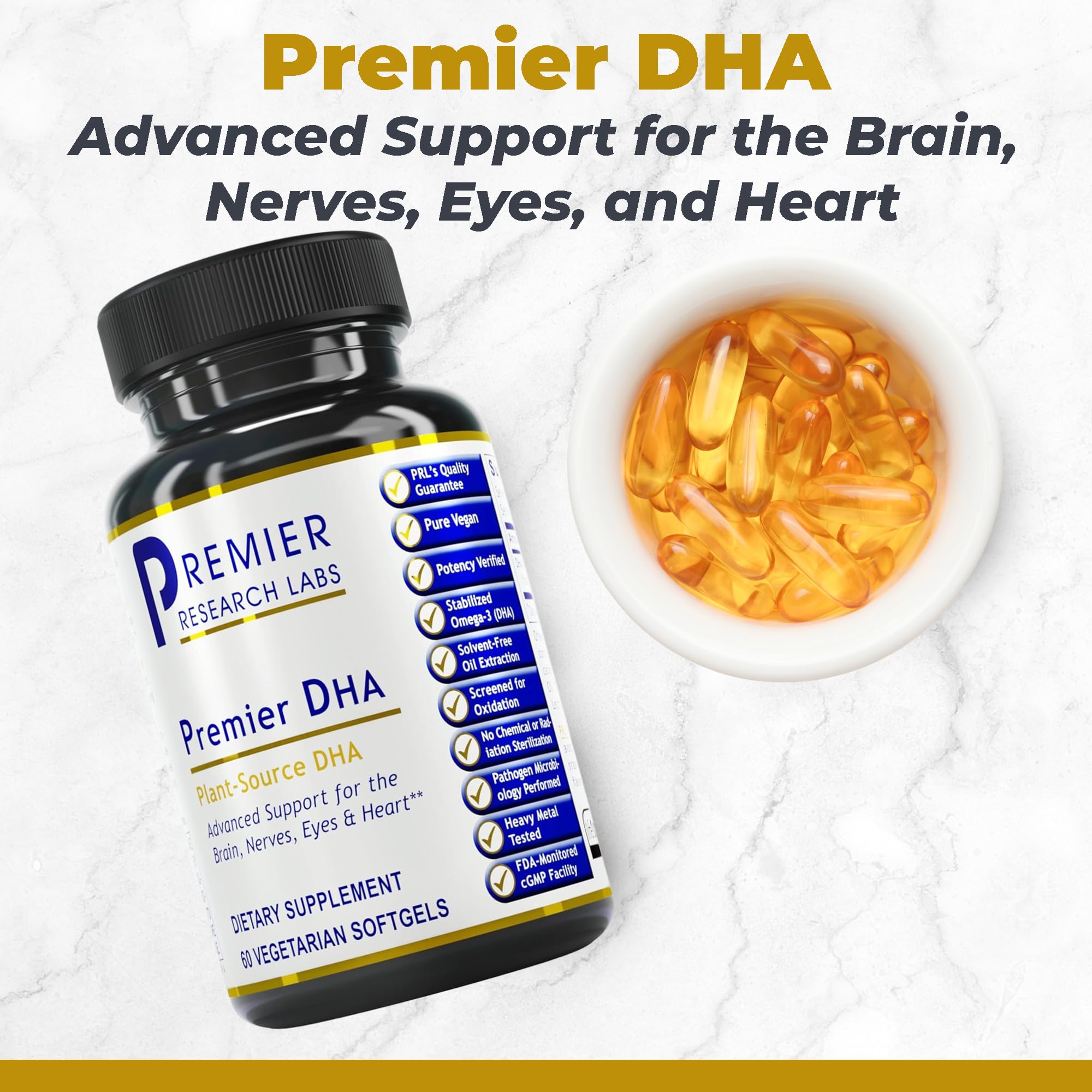 Close-up of Premier Research Labs Vegan DHA capsule